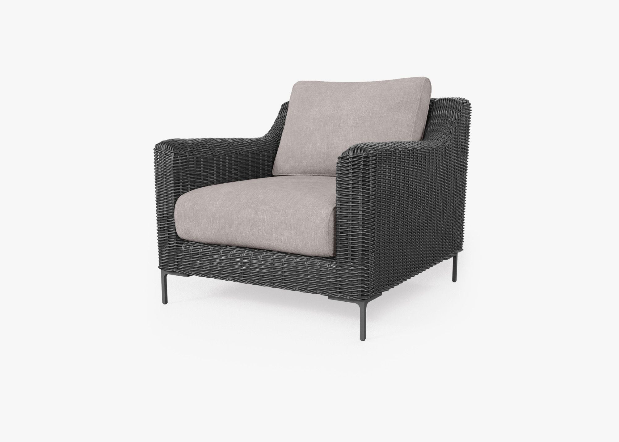 Black Wicker Outdoor Armchair, front. Comfortable, durable, and weather resistant outdoor seating with memory foam. #color_sandstone gray