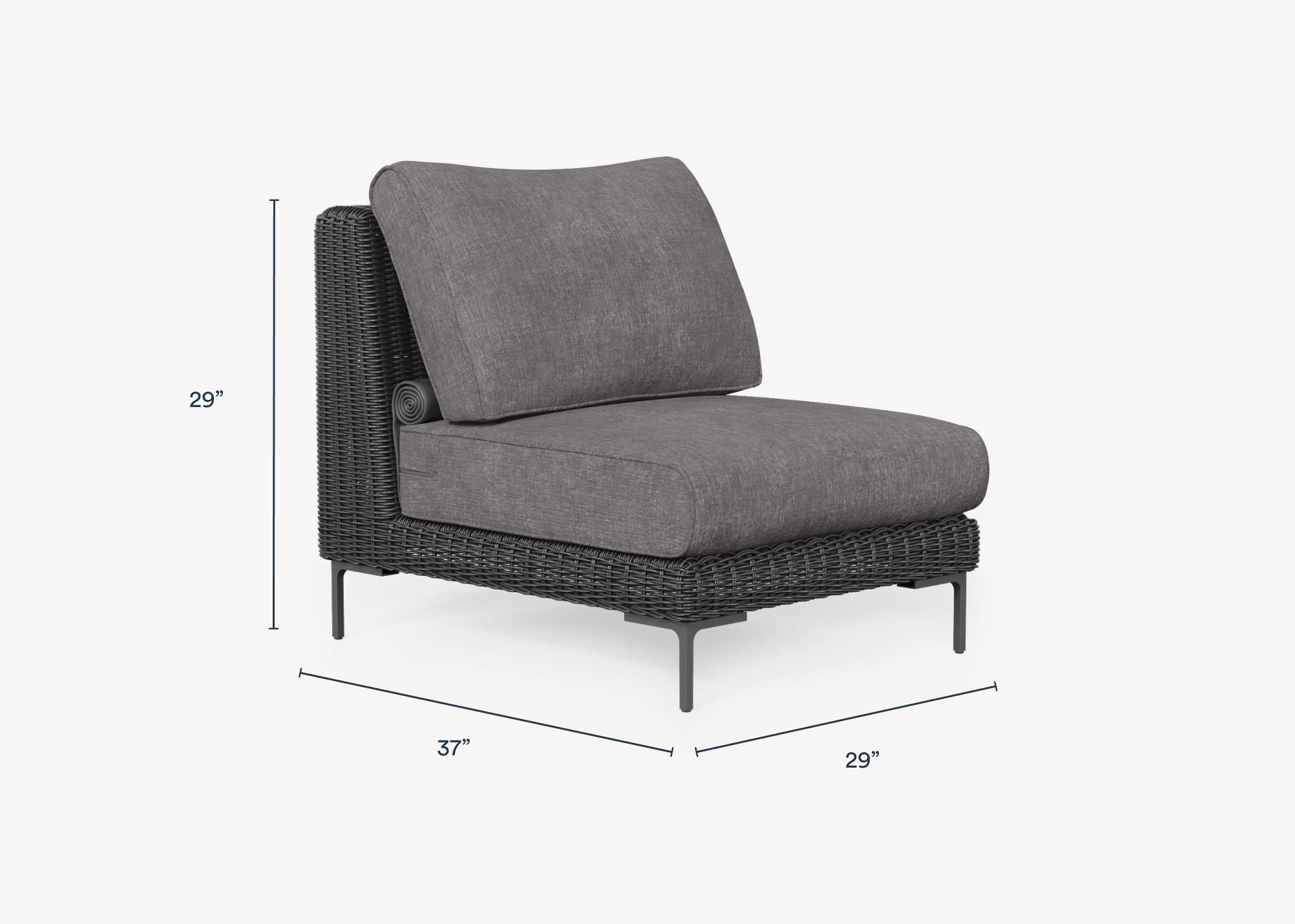 Black Wicker Outdoor Armless Chair dimensions in inches, also listed under Dimensions and Weights. #color_dark pebble gray