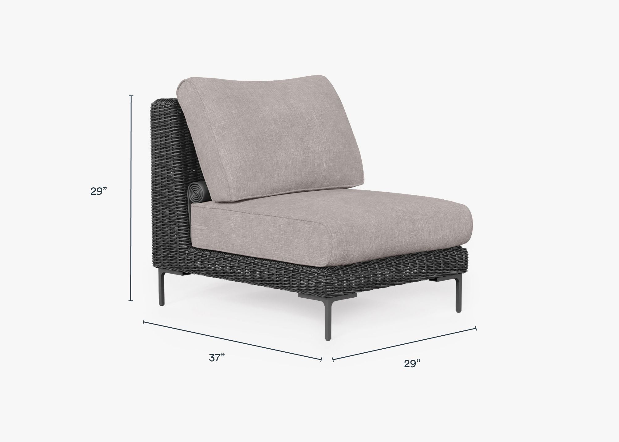 Black Wicker Outdoor Armless Chair dimensions in inches, also listed under Dimensions and Weights. #color_sandstone gray
