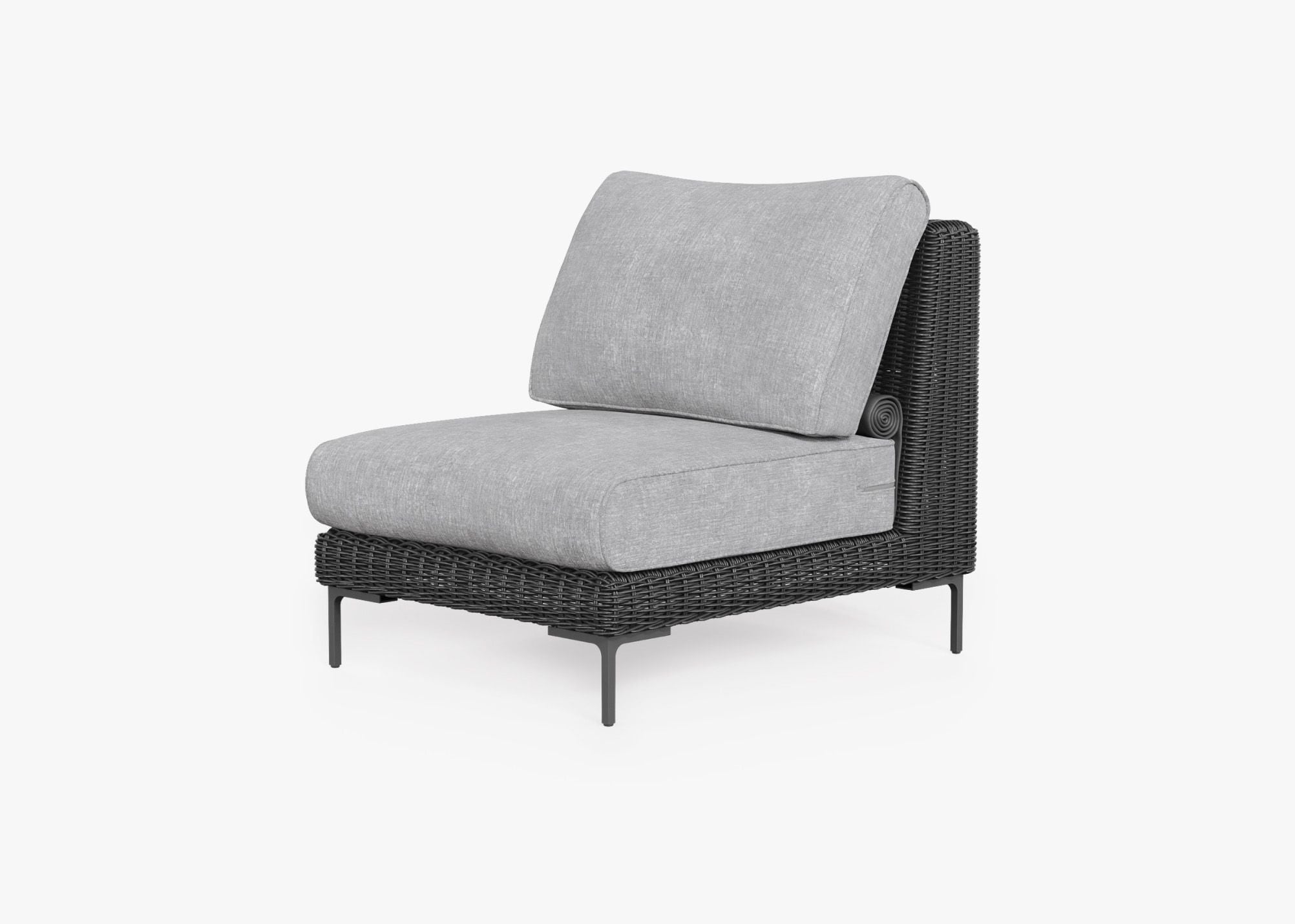 Black Wicker Outdoor Armless Chair, front. Comfortable, durable, and weather resistant outdoor seating with memory foam. #color_pacific fog gray