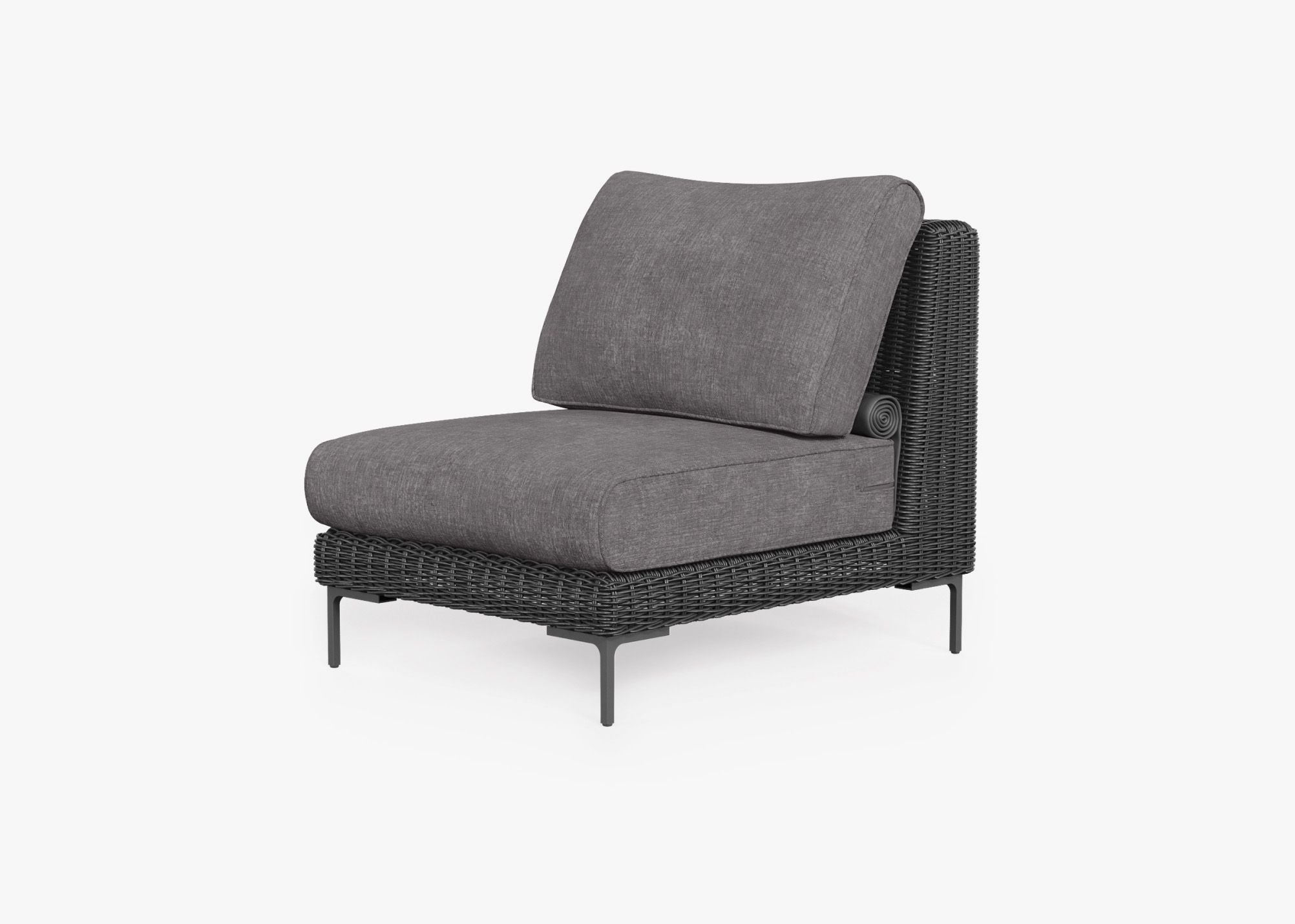 Black Wicker Outdoor Armless Chair, front. Comfortable, durable, and weather resistant outdoor seating with memory foam. #color_dark pebble gray