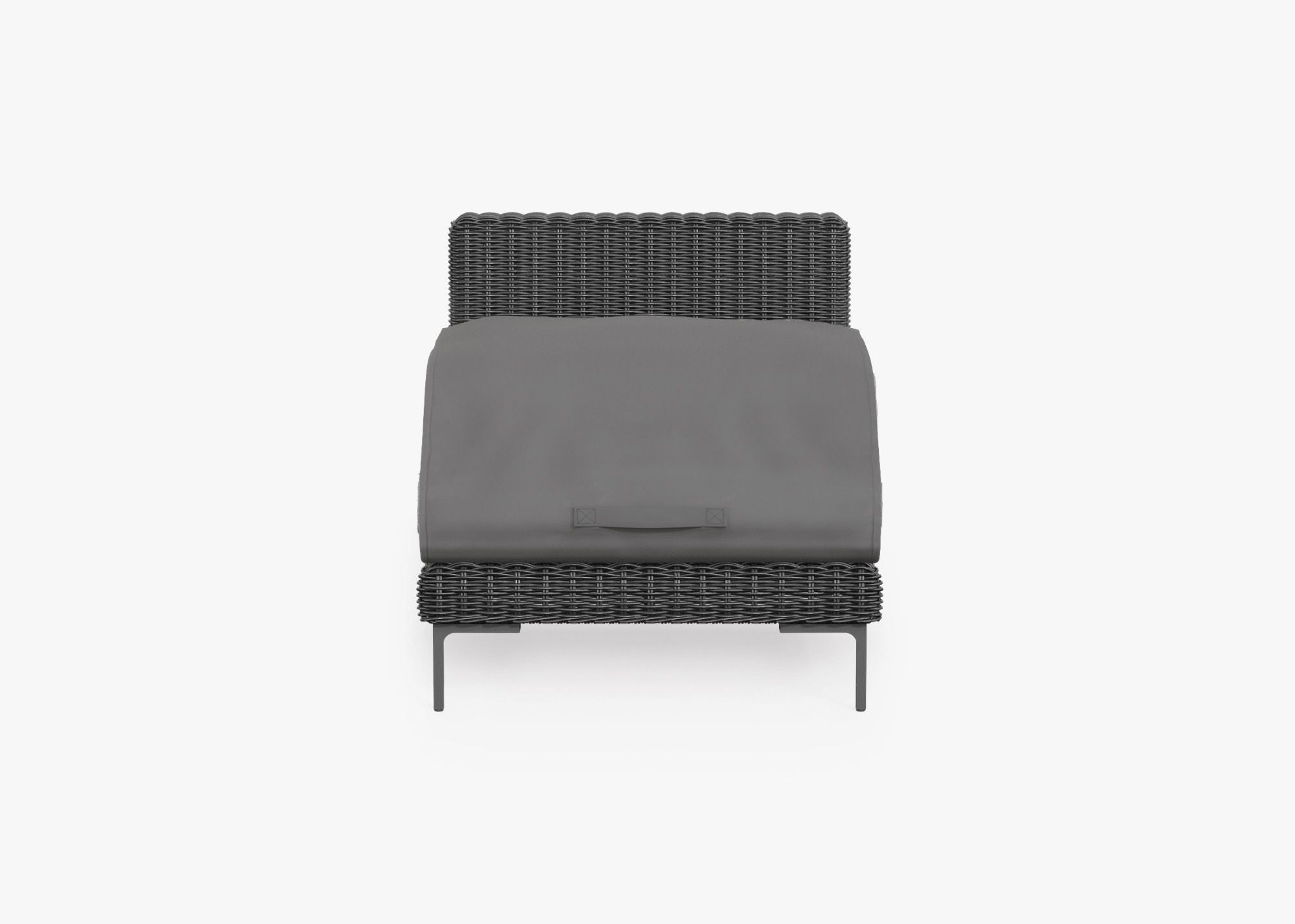 Black Wicker Outdoor Armless Chair shown with the OuterShell outdoor cushion cover, offering exclusive integrated protection. #color_dark pebble gray