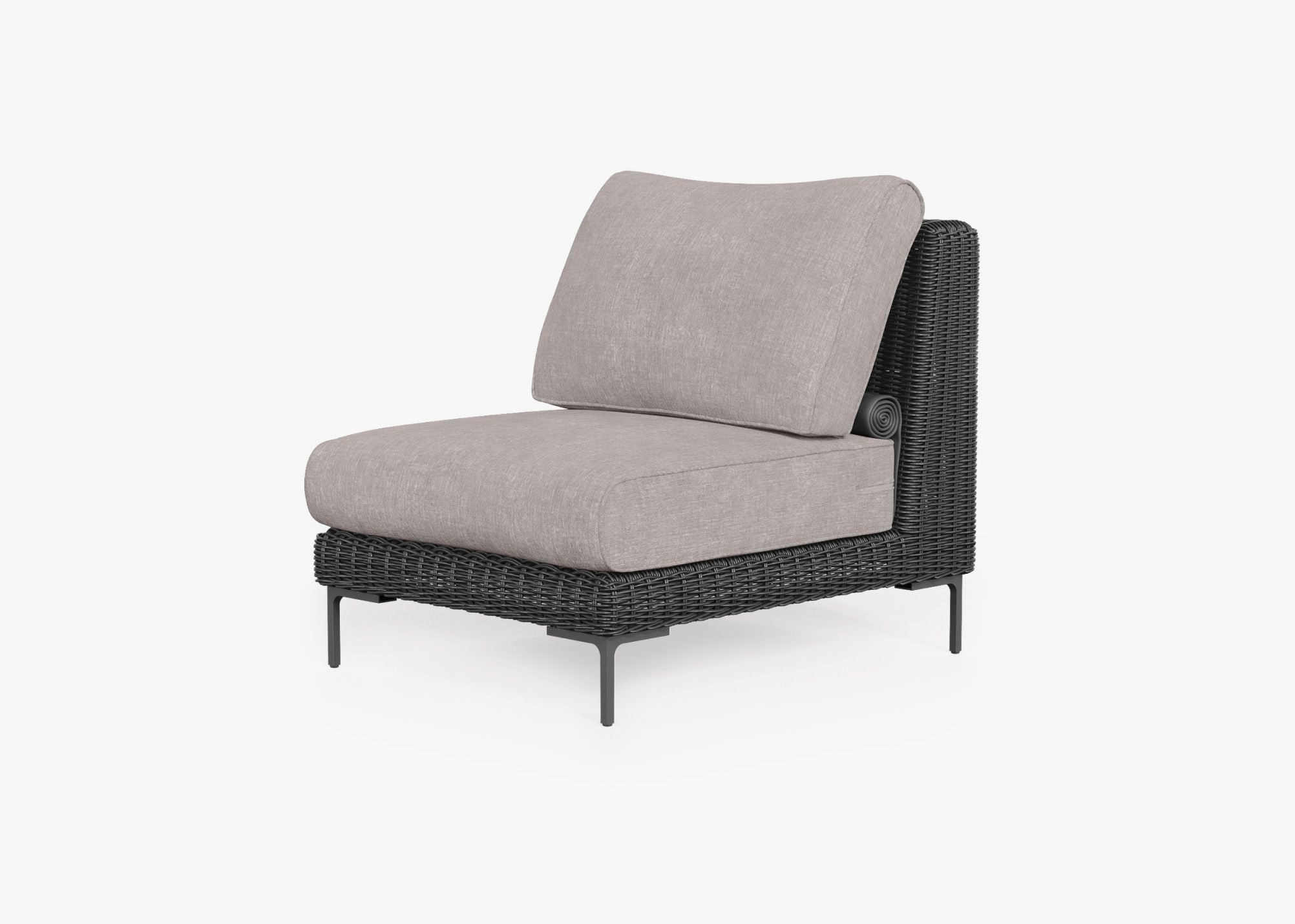 Black Wicker Outdoor Armless Chair, front. Comfortable, durable, and weather resistant outdoor seating with memory foam. #color_sandstone gray