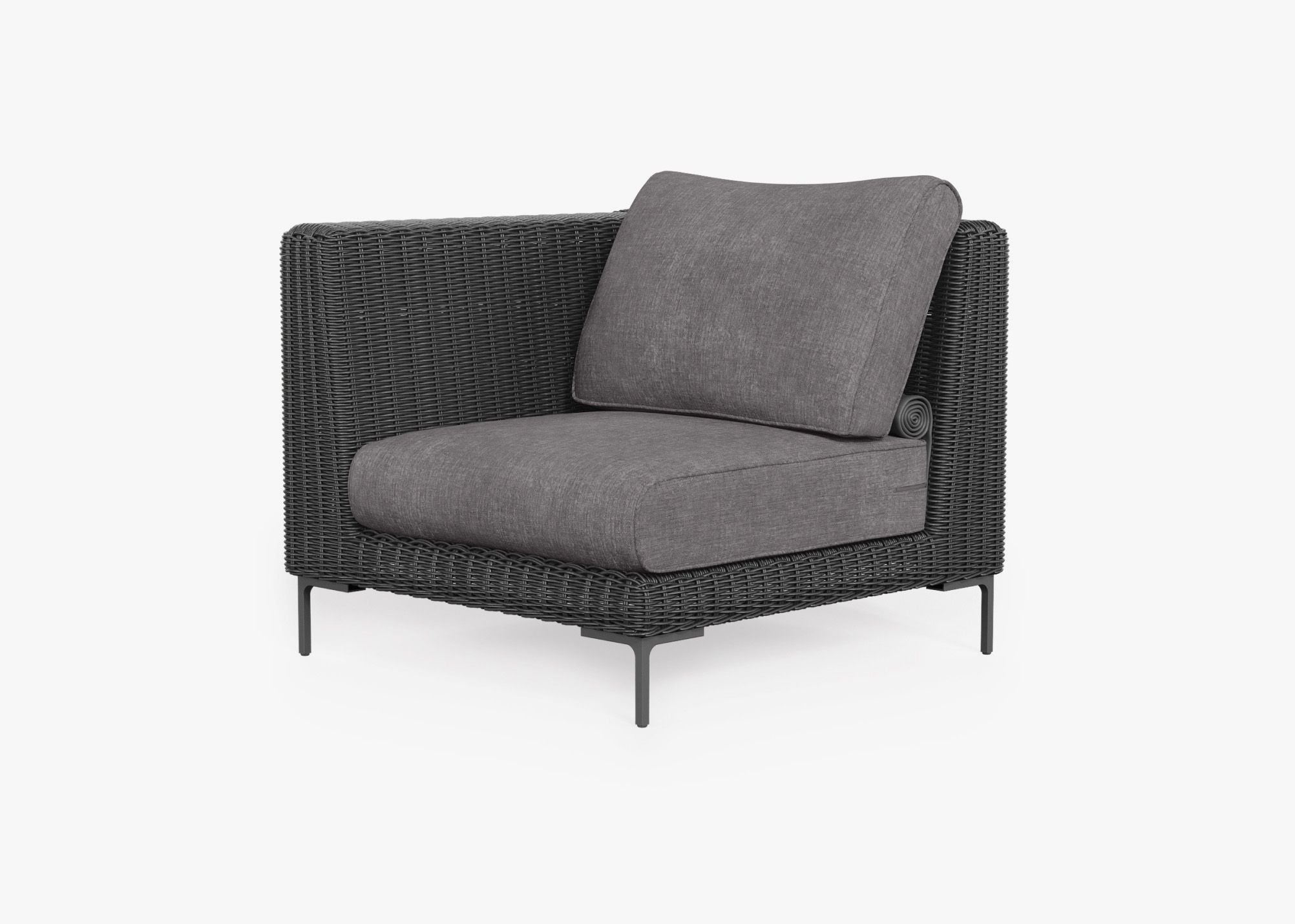 Black Wicker Outdoor Corner Chair - Left/Right, front. Comfortable, durable, and weather resistant outdoor seating with memory foam. #color_dark pebble gray