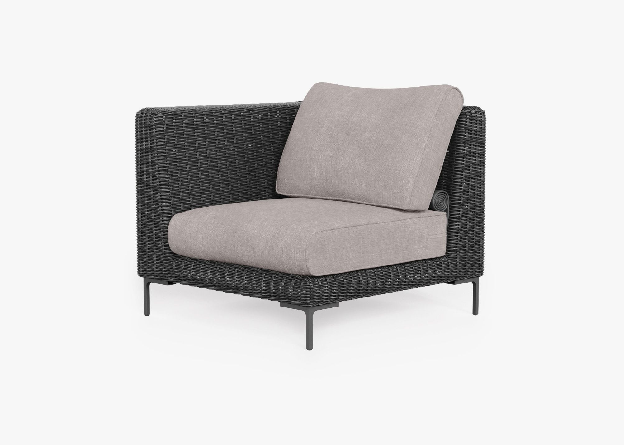 Black Wicker Outdoor Corner Chair - Left/Right, front. Comfortable, durable, and weather resistant outdoor seating with memory foam. #color_sandstone gray