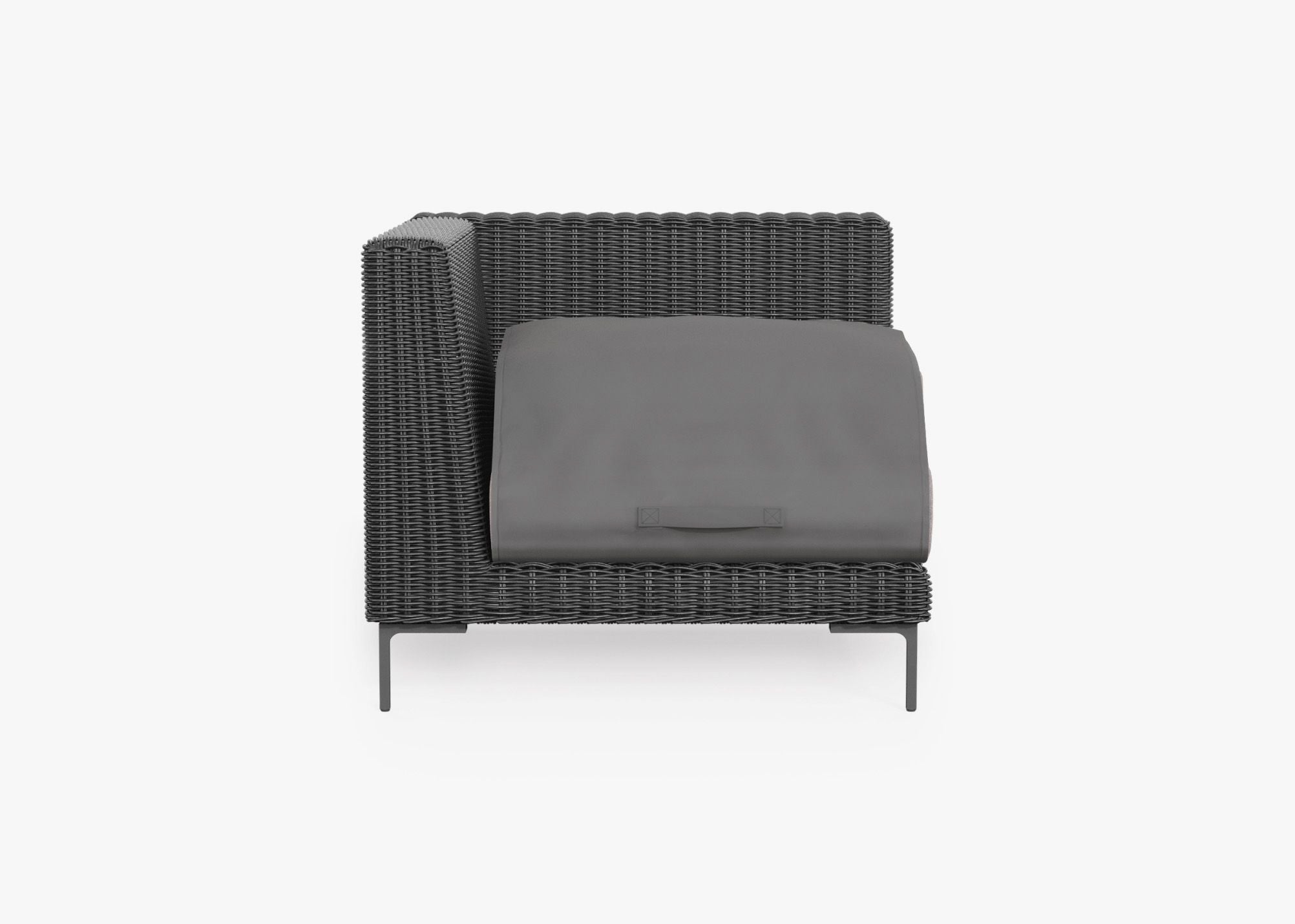 Black Wicker Outdoor Corner Chair - Left/Right shown with the OuterShell outdoor cushion cover, offering exclusive integrated protection. #color_sandstone gray