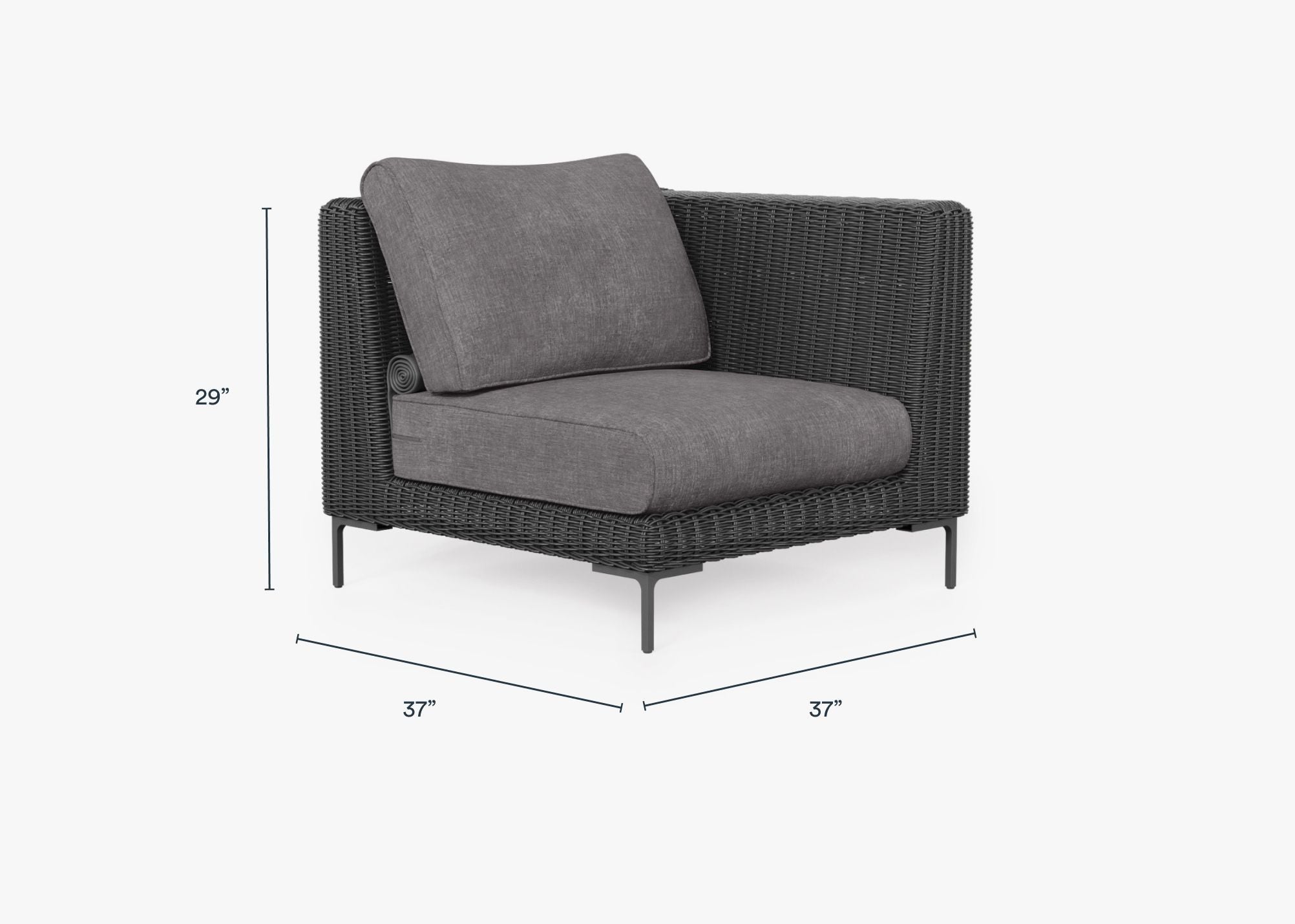 Black Wicker Outdoor Corner Chair - Left/Right dimensions in inches, also listed under Dimensions and Weights. #color_dark pebble gray