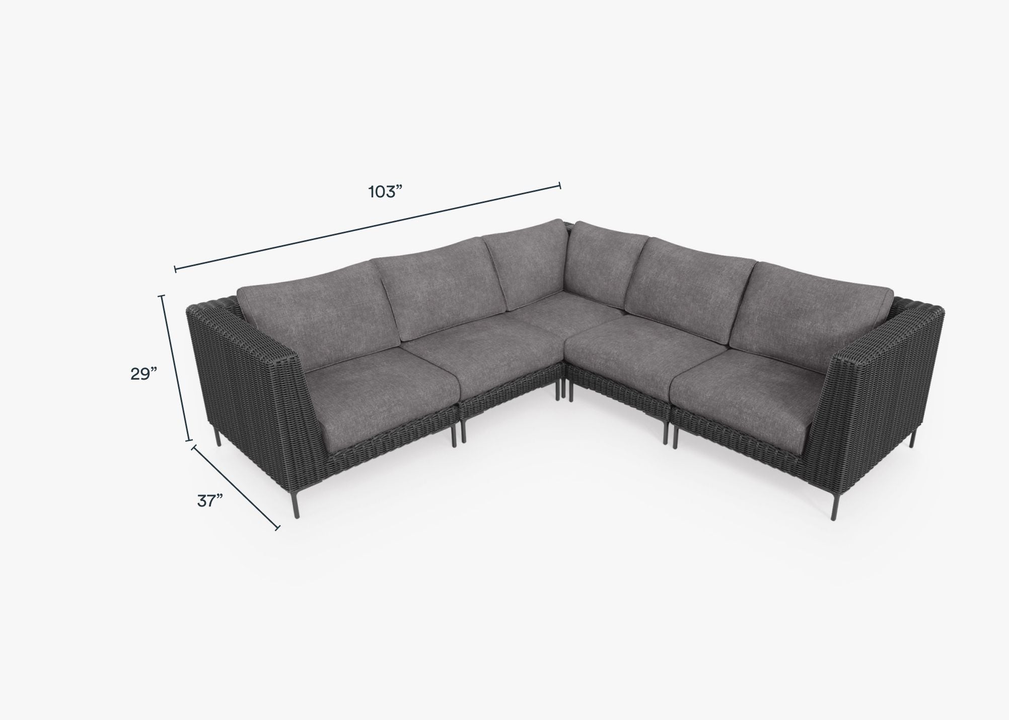 Black Wicker Outdoor Corner Sectional - 5 Seat dimensions in inches, also listed under Dimensions and Weights. #color_dark pebble gray