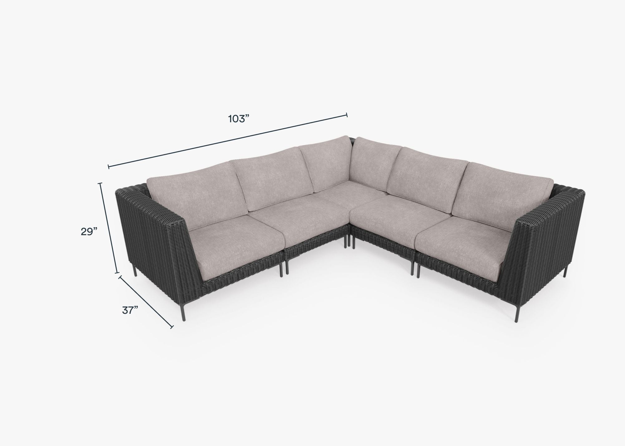 Black Wicker Outdoor Corner Sectional - 5 Seat dimensions in inches, also listed under Dimensions and Weights. #color_sandstone gray