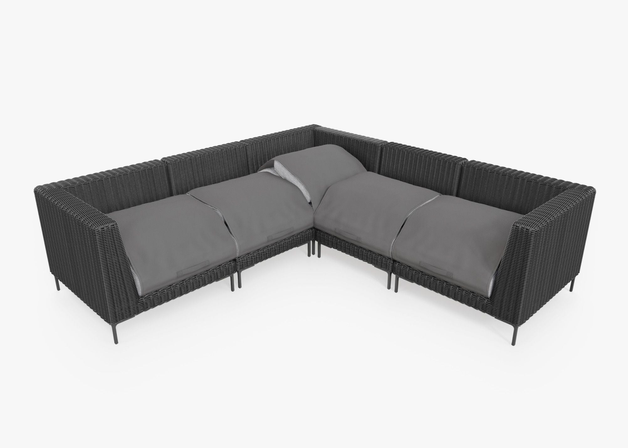 Black Wicker Outdoor Corner Sectional - 5 Seat shown with the OuterShell outdoor cushion cover, offering exclusive integrated protection. #color_pacific fog gray