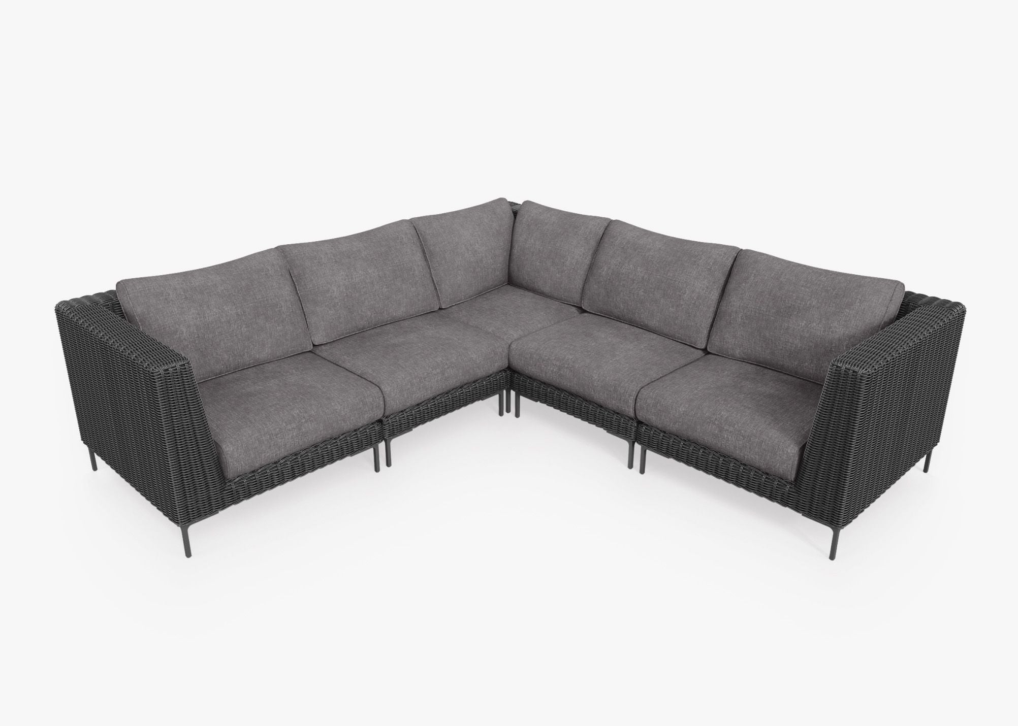 Black Wicker Outdoor Corner Sectional - 5 Seat, front. Comfortable, durable, and weather resistant outdoor seating with memory foam. #color_dark pebble gray