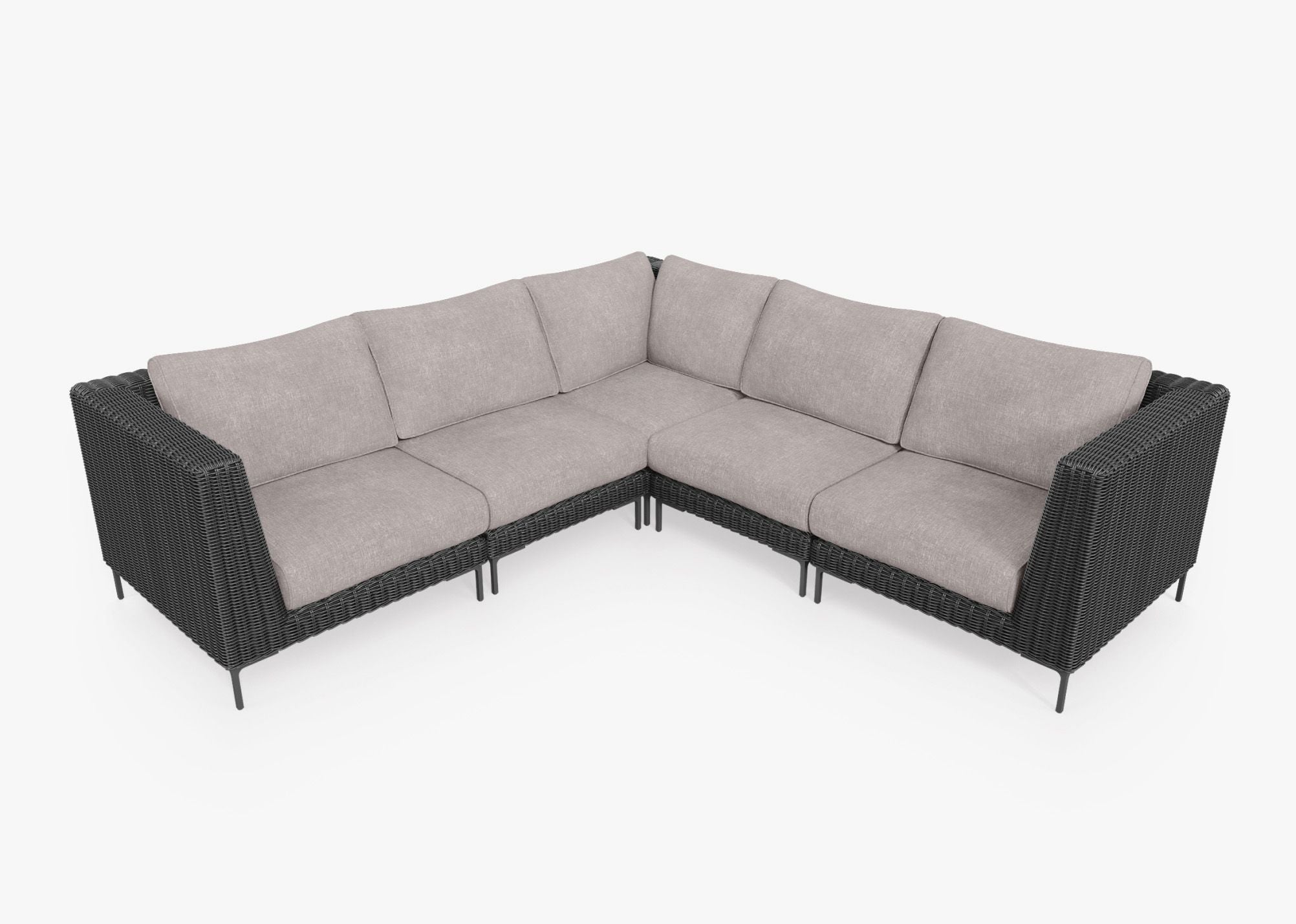 Black Wicker Outdoor Corner Sectional - 5 Seat, front. Comfortable, durable, and weather resistant outdoor seating with memory foam. #color_sandstone gray