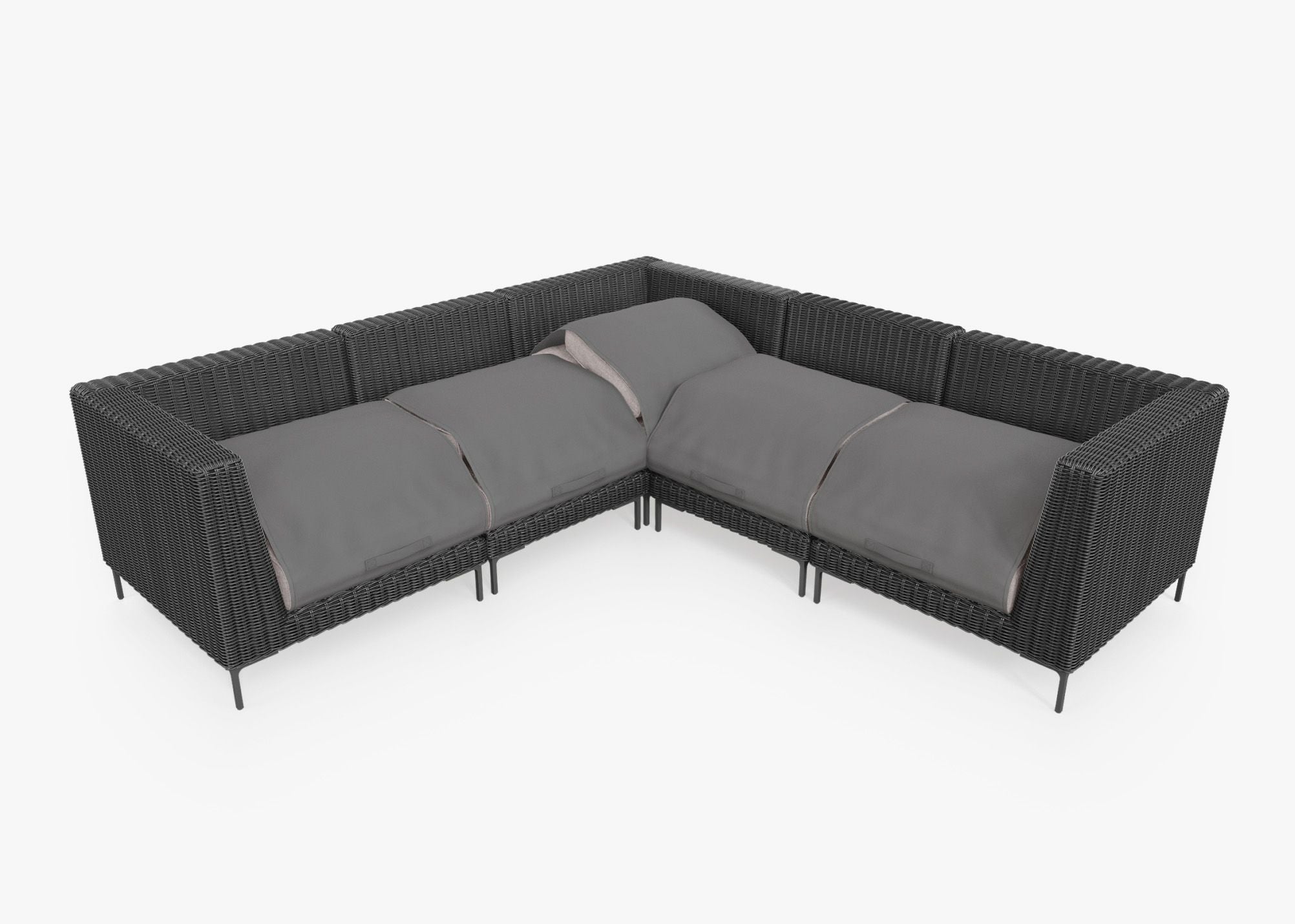 Black Wicker Outdoor Corner Sectional - 5 Seat shown with the OuterShell outdoor cushion cover, offering exclusive integrated protection. #color_sandstone gray