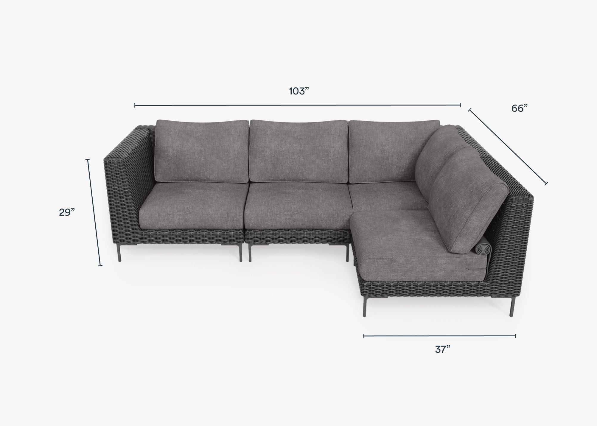 Black Wicker Outdoor L Sectional - 4 Seat dimensions in inches, also listed under Dimensions and Weights. #color_dark pebble gray