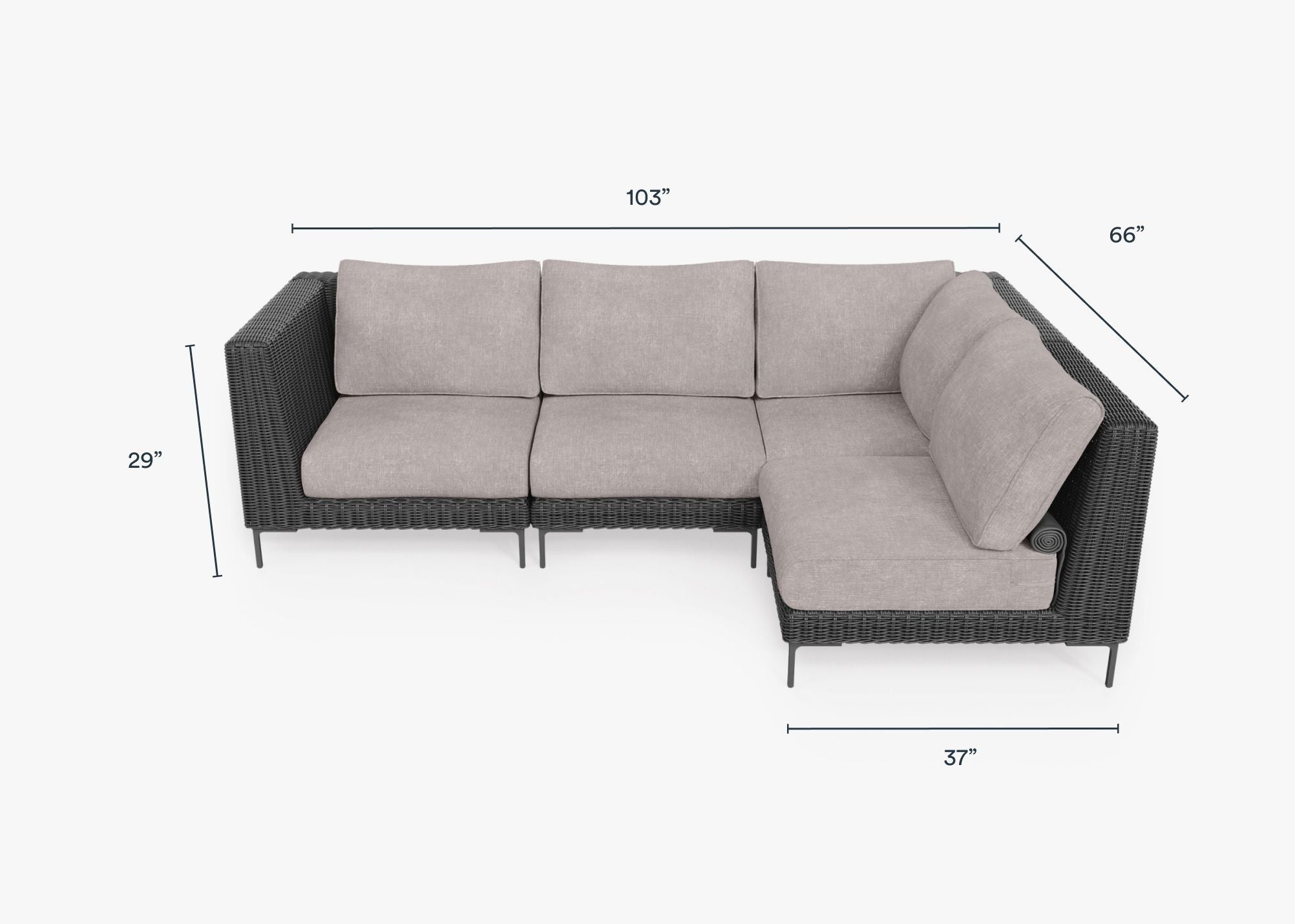 Black Wicker Outdoor L Sectional - 4 Seat dimensions in inches, also listed under Dimensions and Weights. #color_sandstone gray