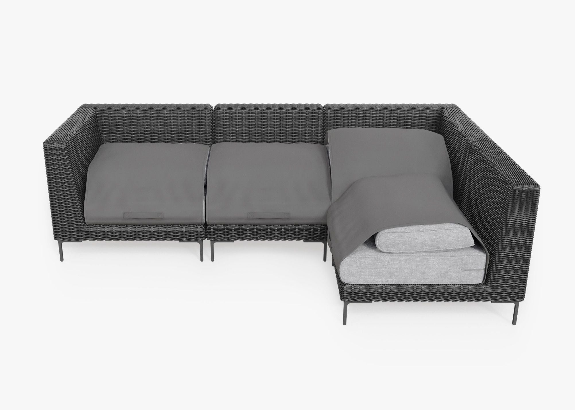 Black Wicker Outdoor L Sectional - 4 Seat shown with the OuterShell outdoor cushion cover, offering exclusive integrated protection. #color_pacific fog gray