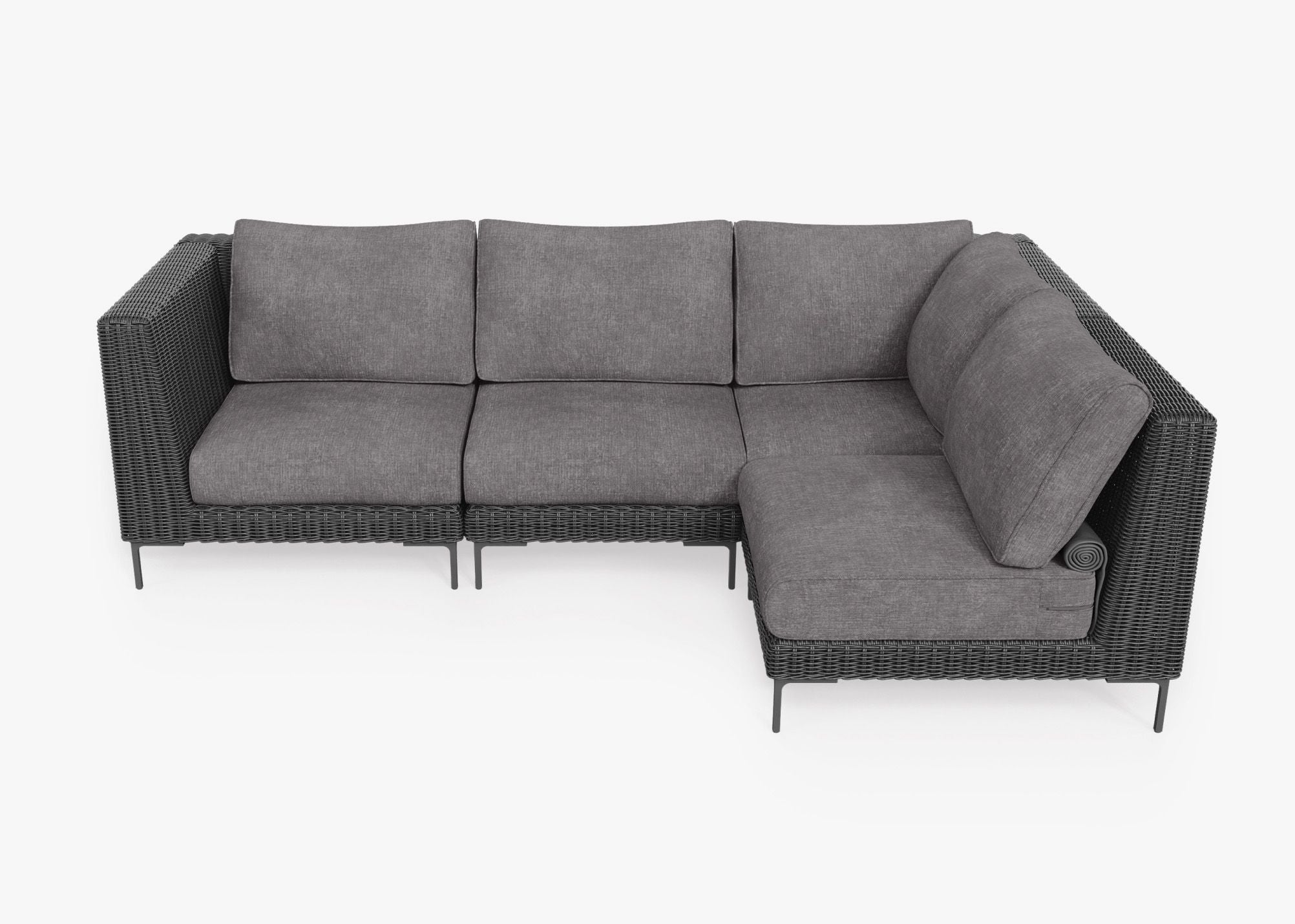 Black Wicker Outdoor L Sectional - 4 Seat, front. Comfortable, durable, and weather resistant outdoor seating with memory foam. #color_dark pebble gray