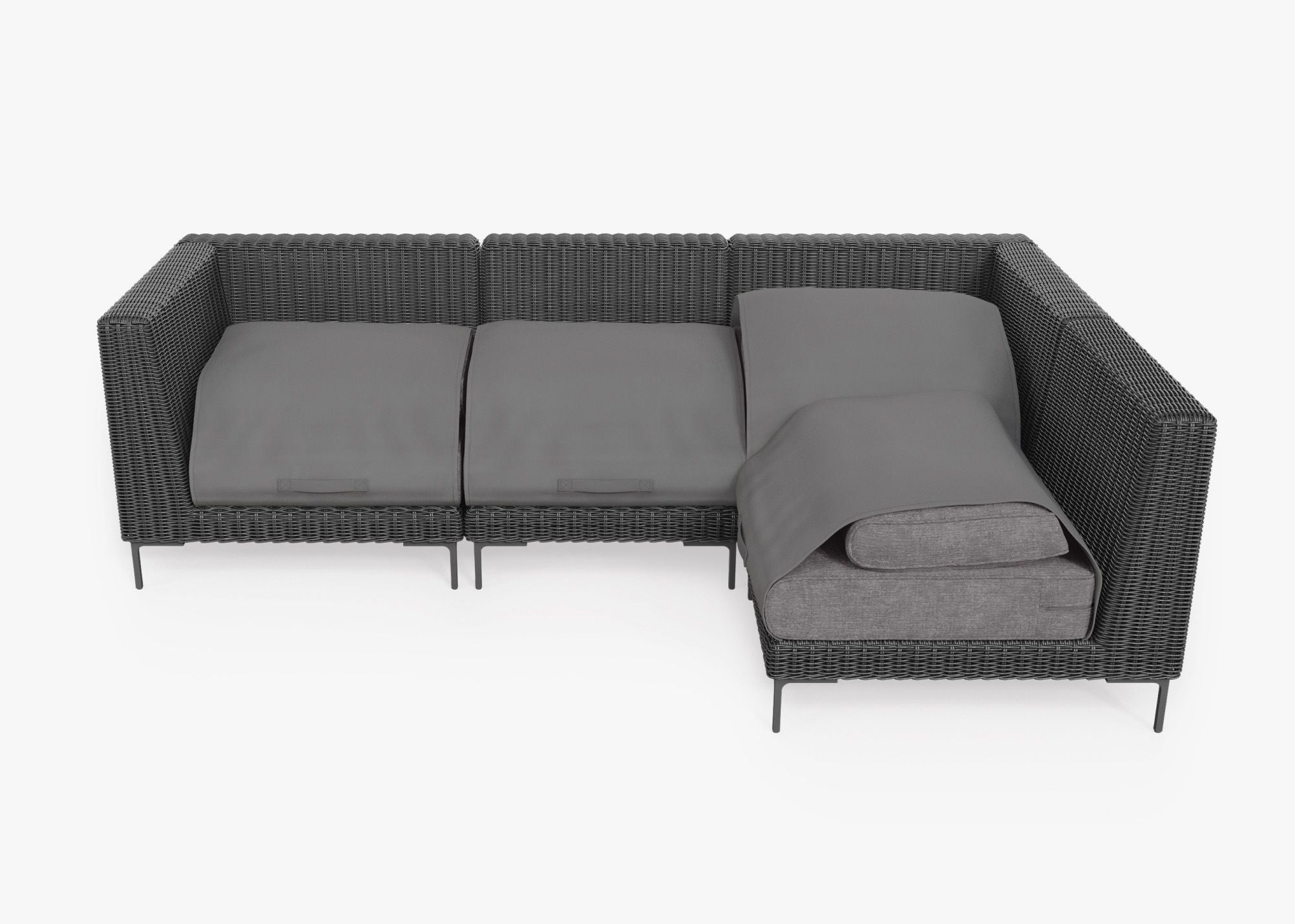 Black Wicker Outdoor L Sectional - 4 Seat shown with the OuterShell outdoor cushion cover, offering exclusive integrated protection. #color_dark pebble gray