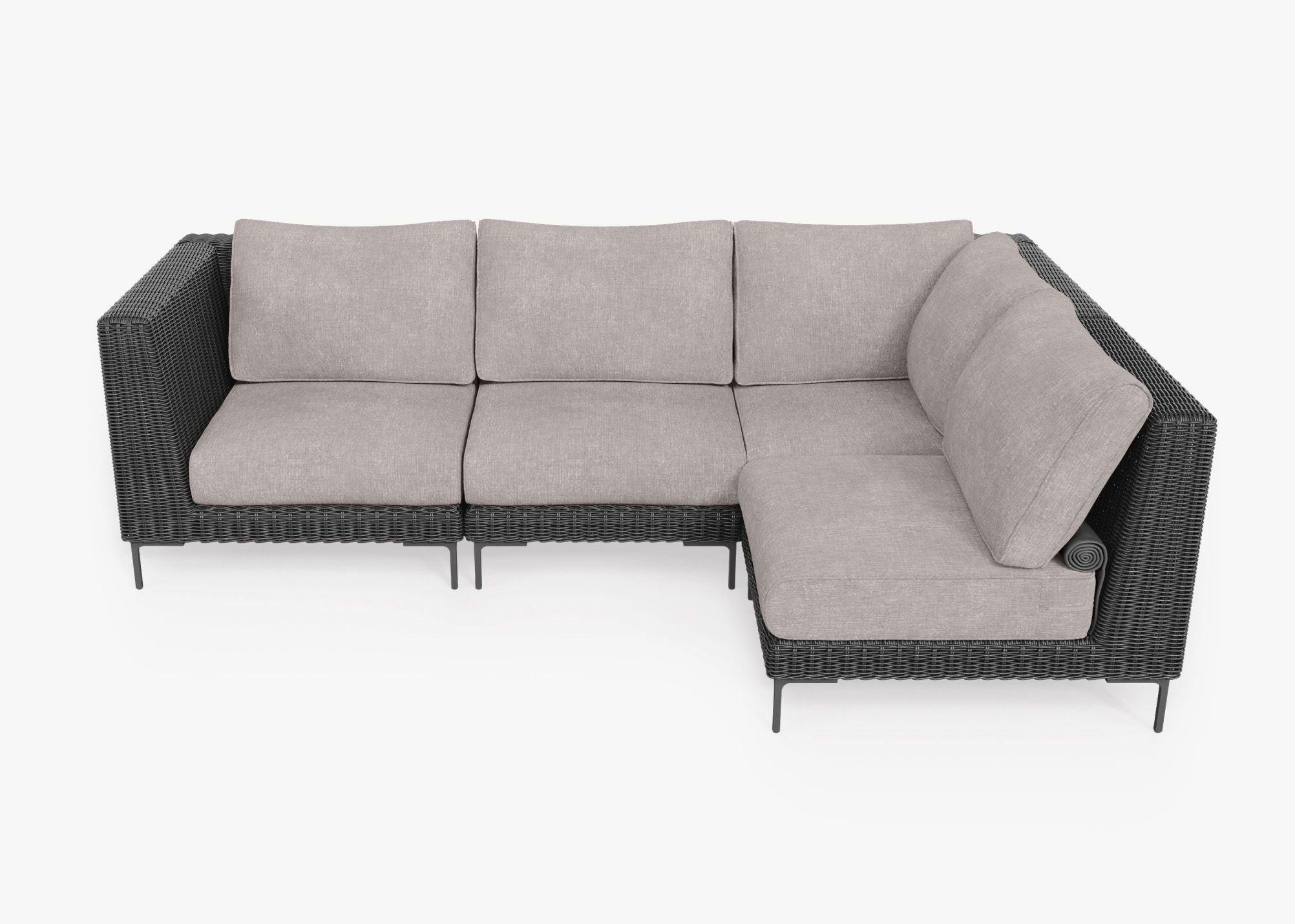 Black Wicker Outdoor L Sectional - 4 Seat, front. Comfortable, durable, and weather resistant outdoor seating with memory foam. #color_sandstone gray
