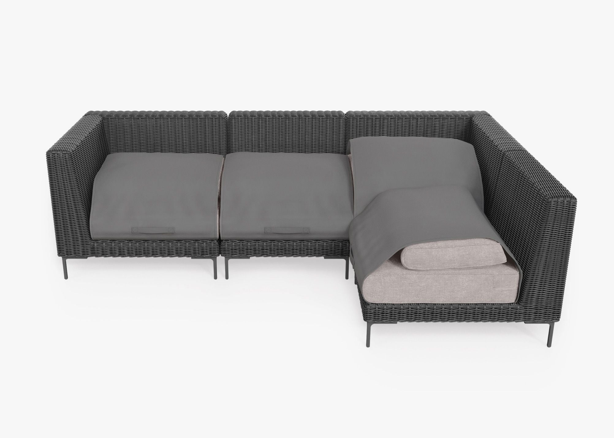 Black Wicker Outdoor L Sectional - 4 Seat shown with the OuterShell outdoor cushion cover, offering exclusive integrated protection. #color_sandstone gray