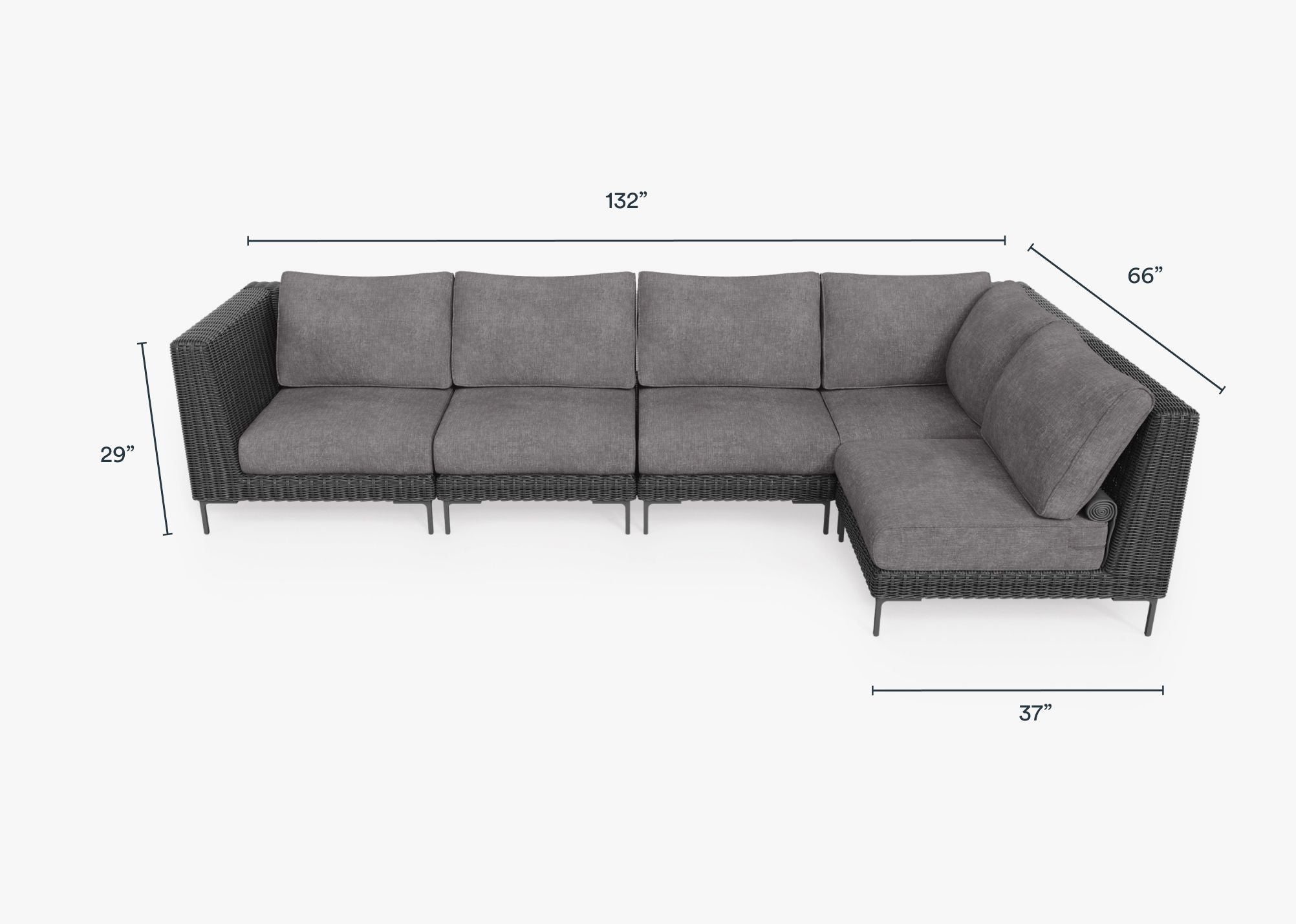 Black Wicker Outdoor L Sectional - 5 Seat dimensions in inches, also listed under Dimensions and Weights. #color_dark pebble gray