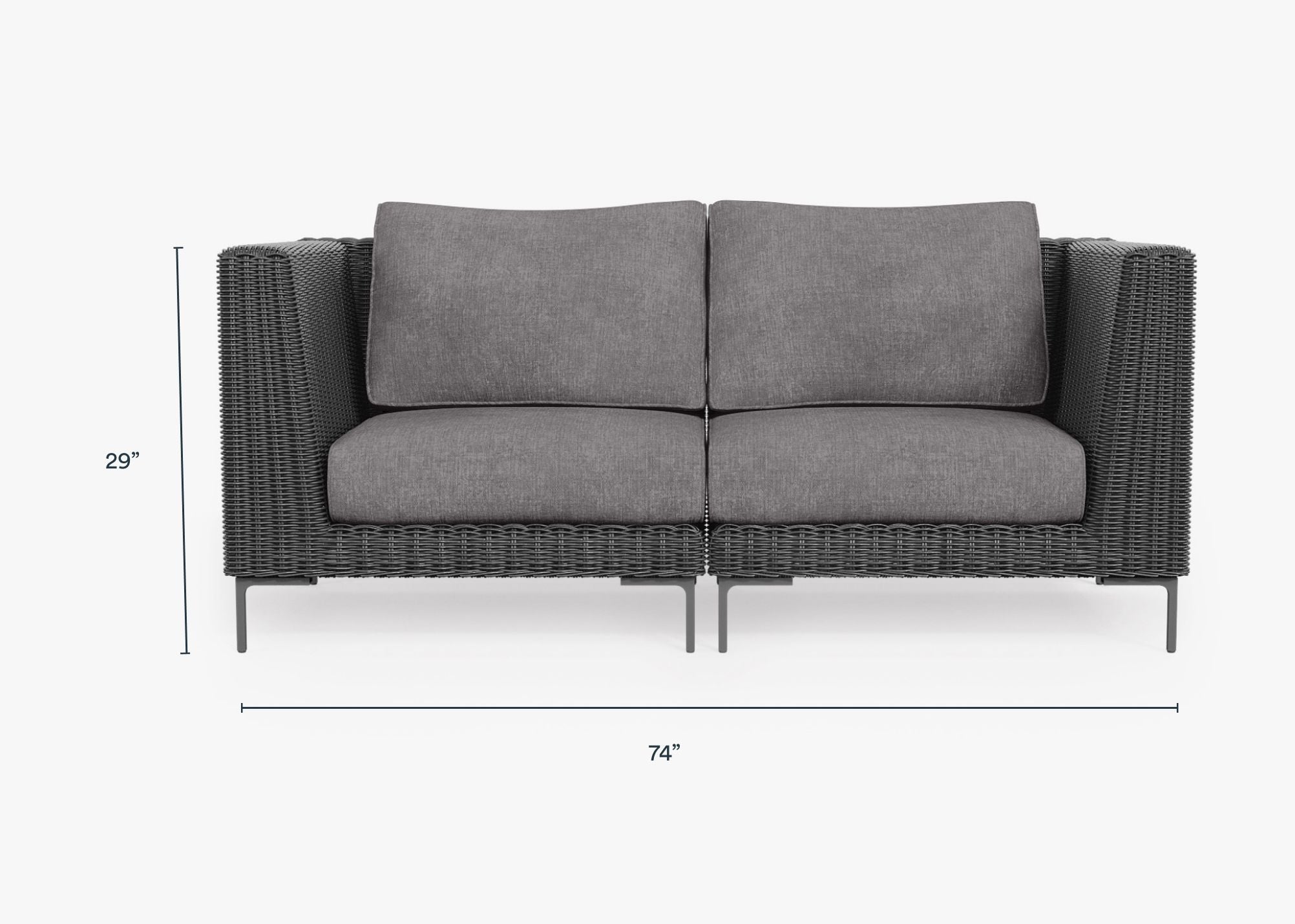 Black Wicker Outdoor Loveseat dimensions in inches, also listed under Dimensions and Weights. #color_dark pebble gray