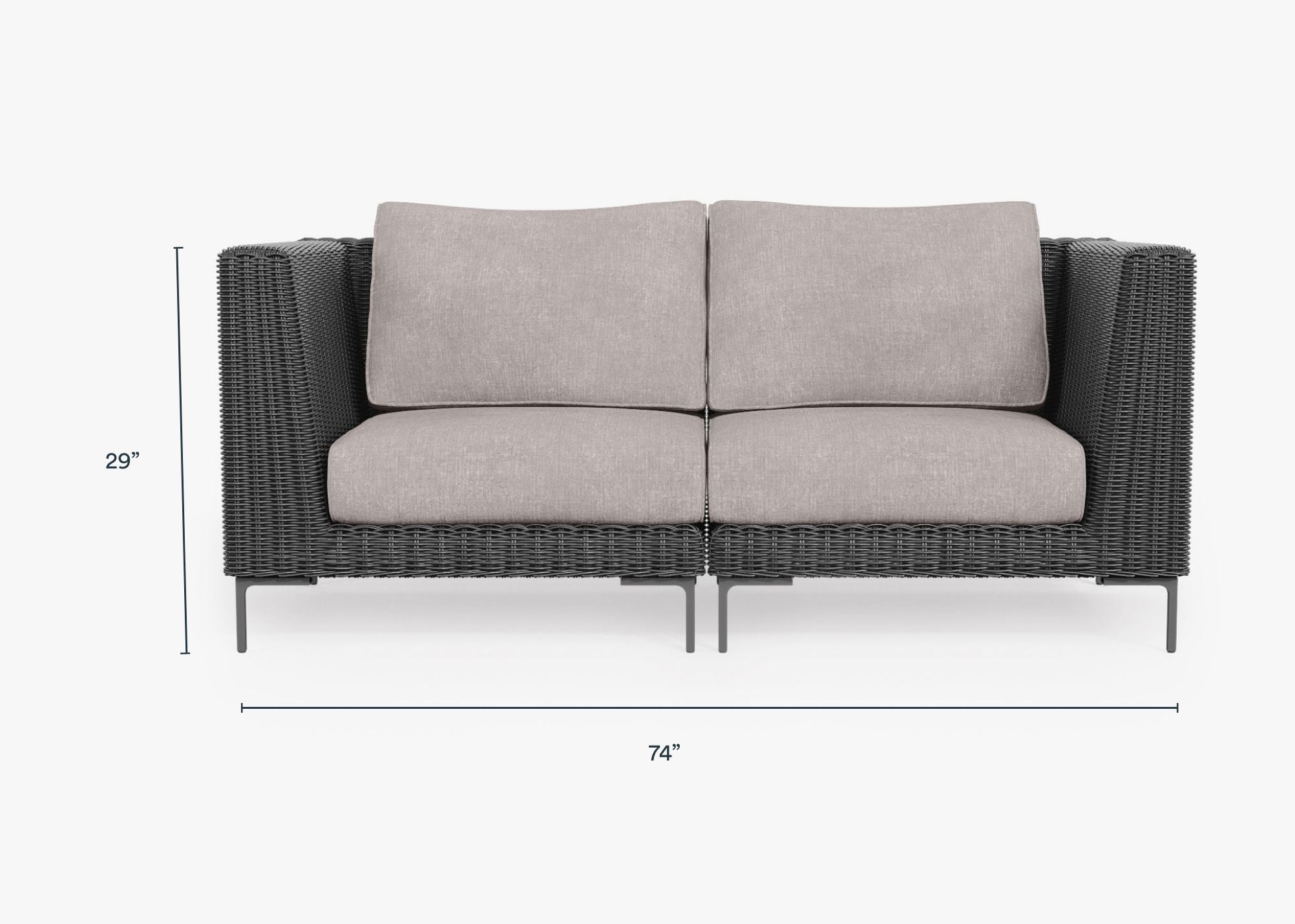 Black Wicker Outdoor Loveseat dimensions in inches, also listed under Dimensions and Weights. #color_sandstone gray