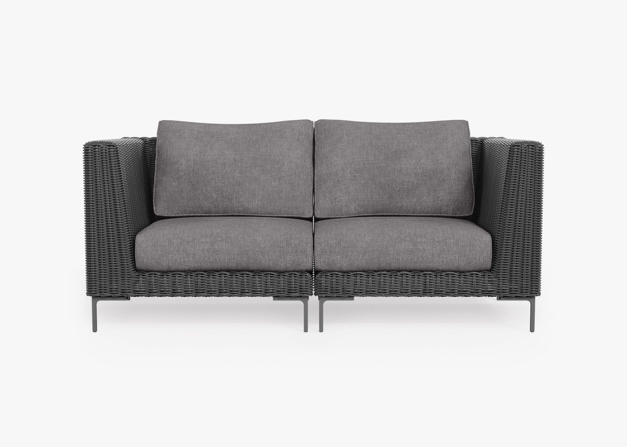 Black Wicker Outdoor Loveseat, front. Comfortable, durable, and weather resistant outdoor seating with memory foam. #color_dark pebble gray