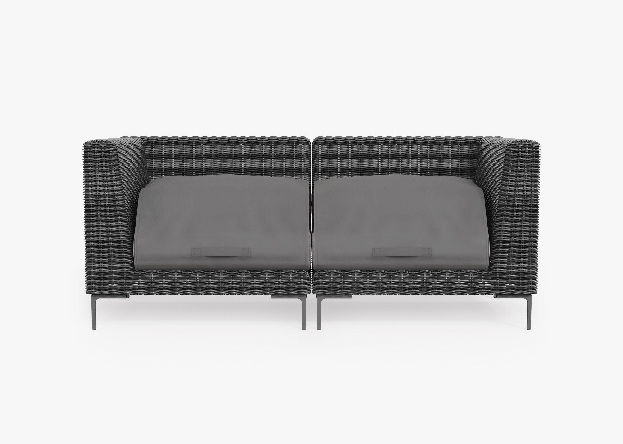 Black Wicker Outdoor Loveseat shown with the OuterShell outdoor cushion cover, offering exclusive integrated protection. #color_dark pebble gray
