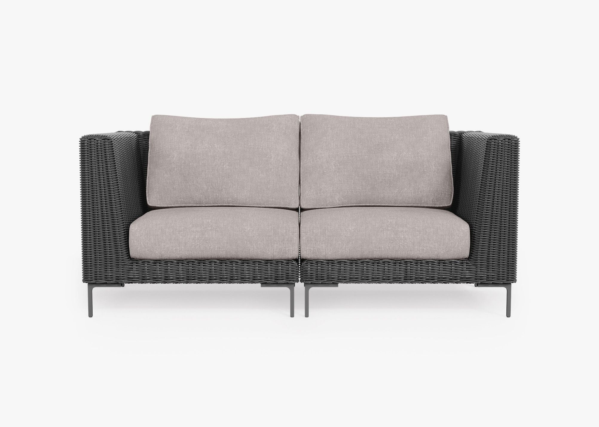 Black Wicker Outdoor Loveseat, front. Comfortable, durable, and weather resistant outdoor seating with memory foam. #color_sandstone gray