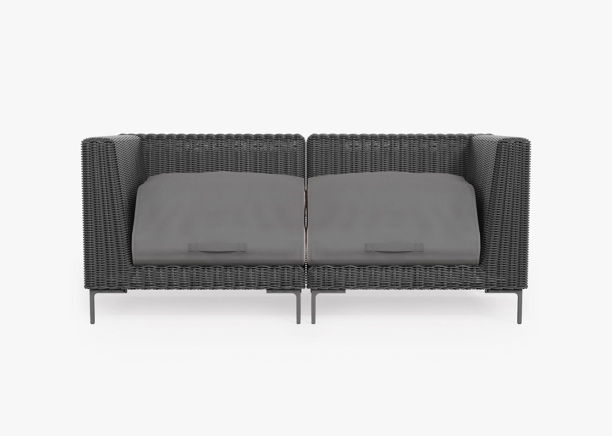 Black Wicker Outdoor Loveseat shown with the OuterShell outdoor cushion cover, offering exclusive integrated protection. #color_sandstone gray
