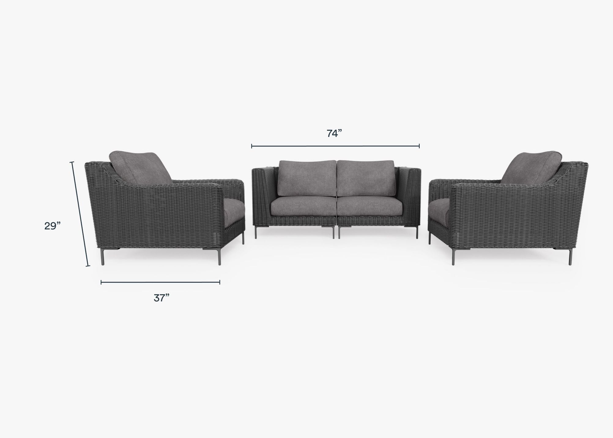 Black Wicker Outdoor Loveseat with Armchairs - 4 Seat dimensions in inches, also listed under Dimensions and Weights. #color_dark pebble gray