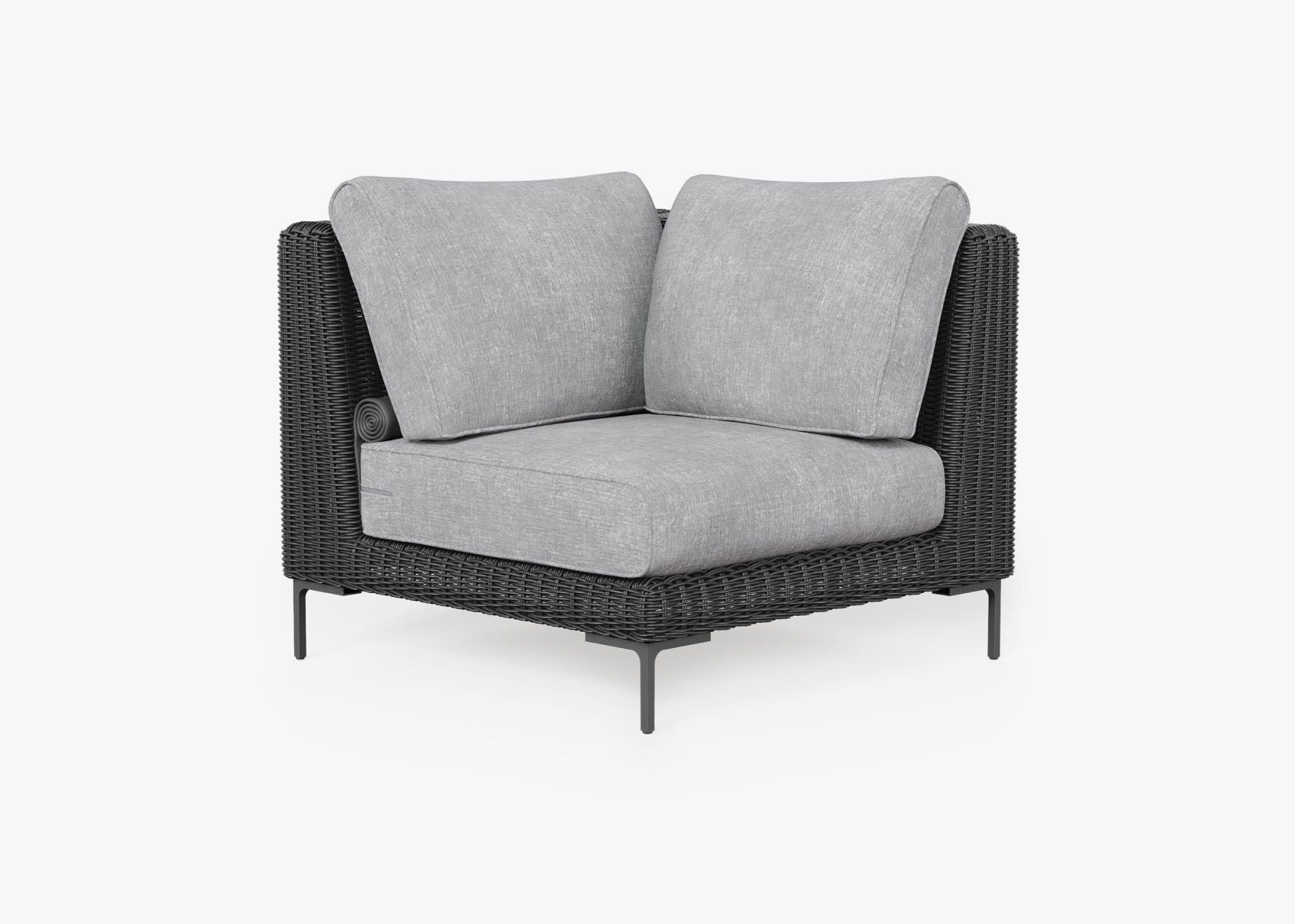 Black Wicker Outdoor Sectional Chair, front. Comfortable, durable, and weather resistant outdoor seating with memory foam. #color_pacific fog gray