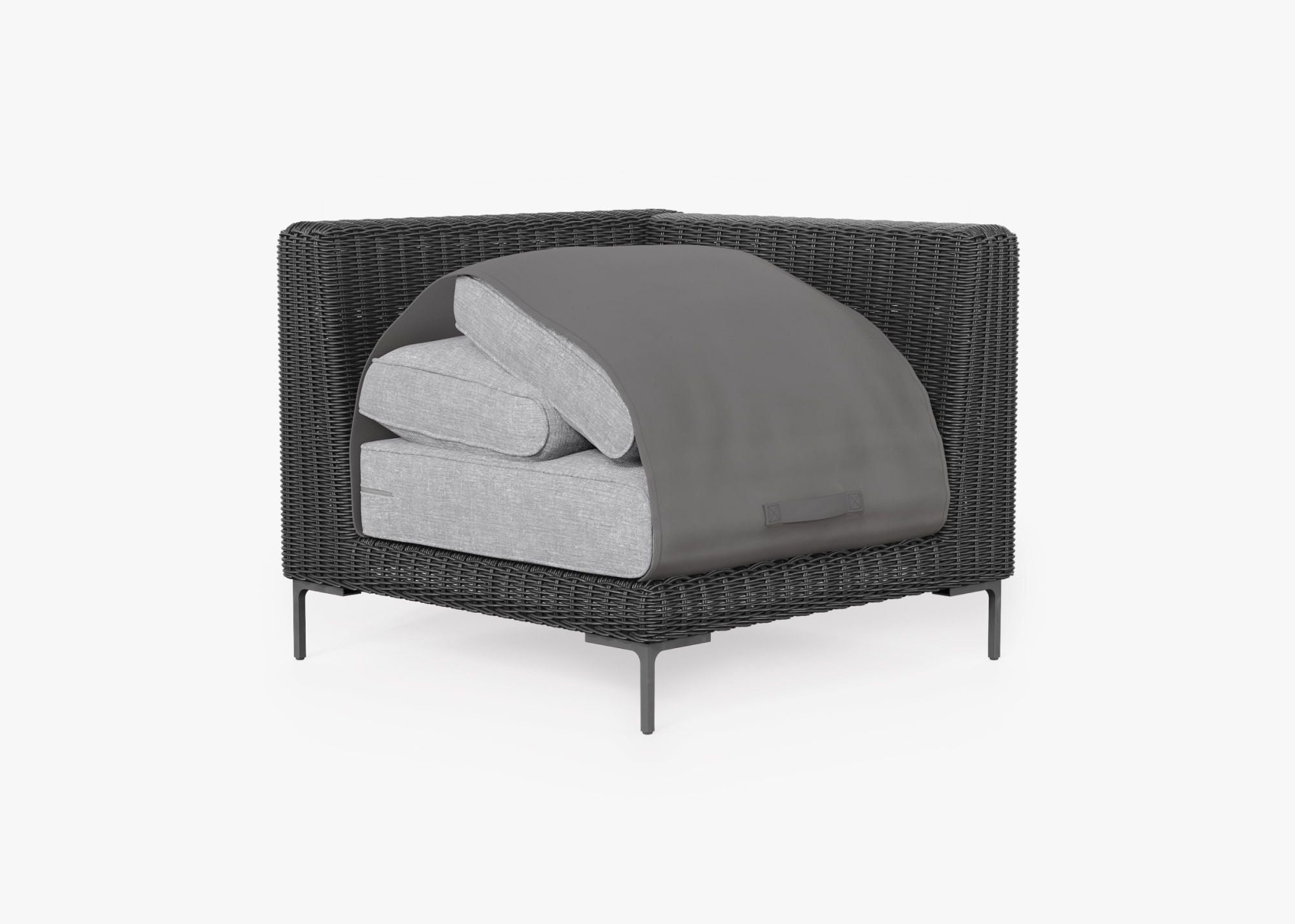 Black Wicker Outdoor Sectional Chair shown with the OuterShell outdoor cushion cover, offering exclusive integrated protection. #color_pacific fog gray
