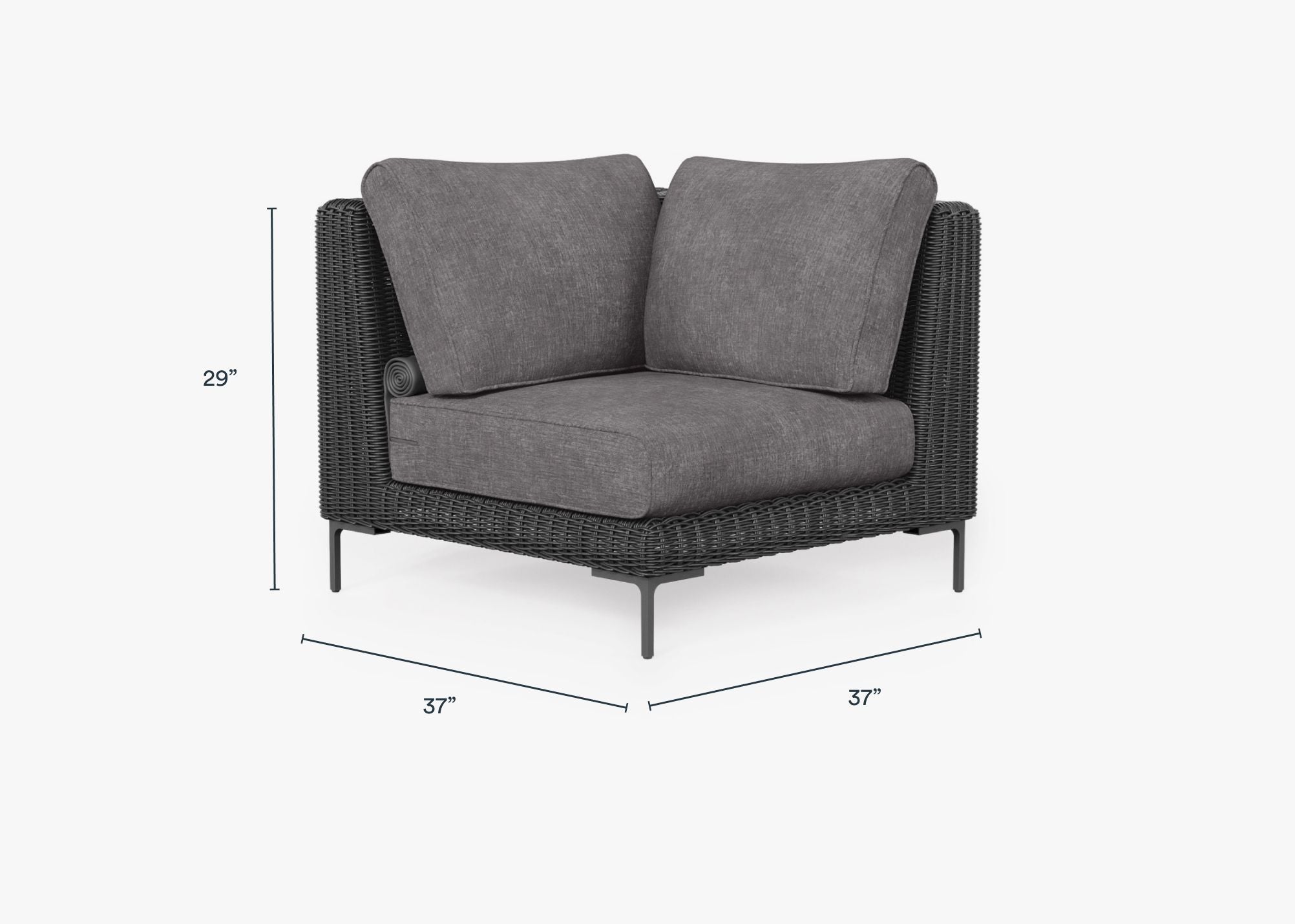 Black Wicker Outdoor Sectional Chair dimensions in inches, also listed under Dimensions and Weights. #color_dark pebble gray