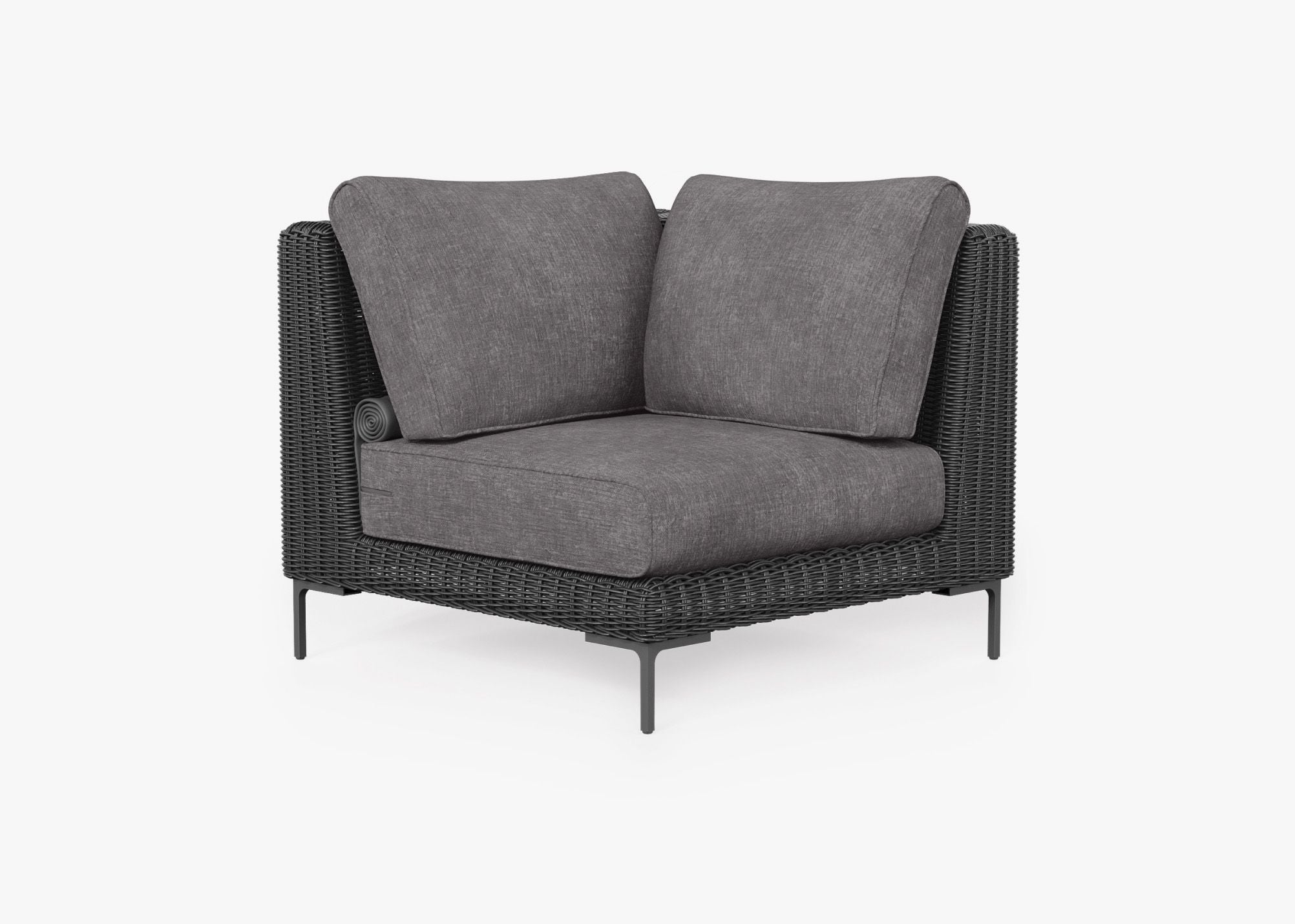 Black Wicker Outdoor Sectional Chair, front. Comfortable, durable, and weather resistant outdoor seating with memory foam. #color_dark pebble gray