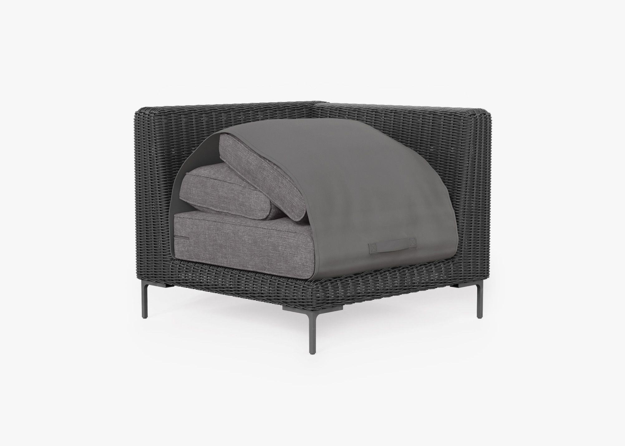 Black Wicker Outdoor Sectional Chair shown with the OuterShell outdoor cushion cover, offering exclusive integrated protection. #color_dark pebble gray