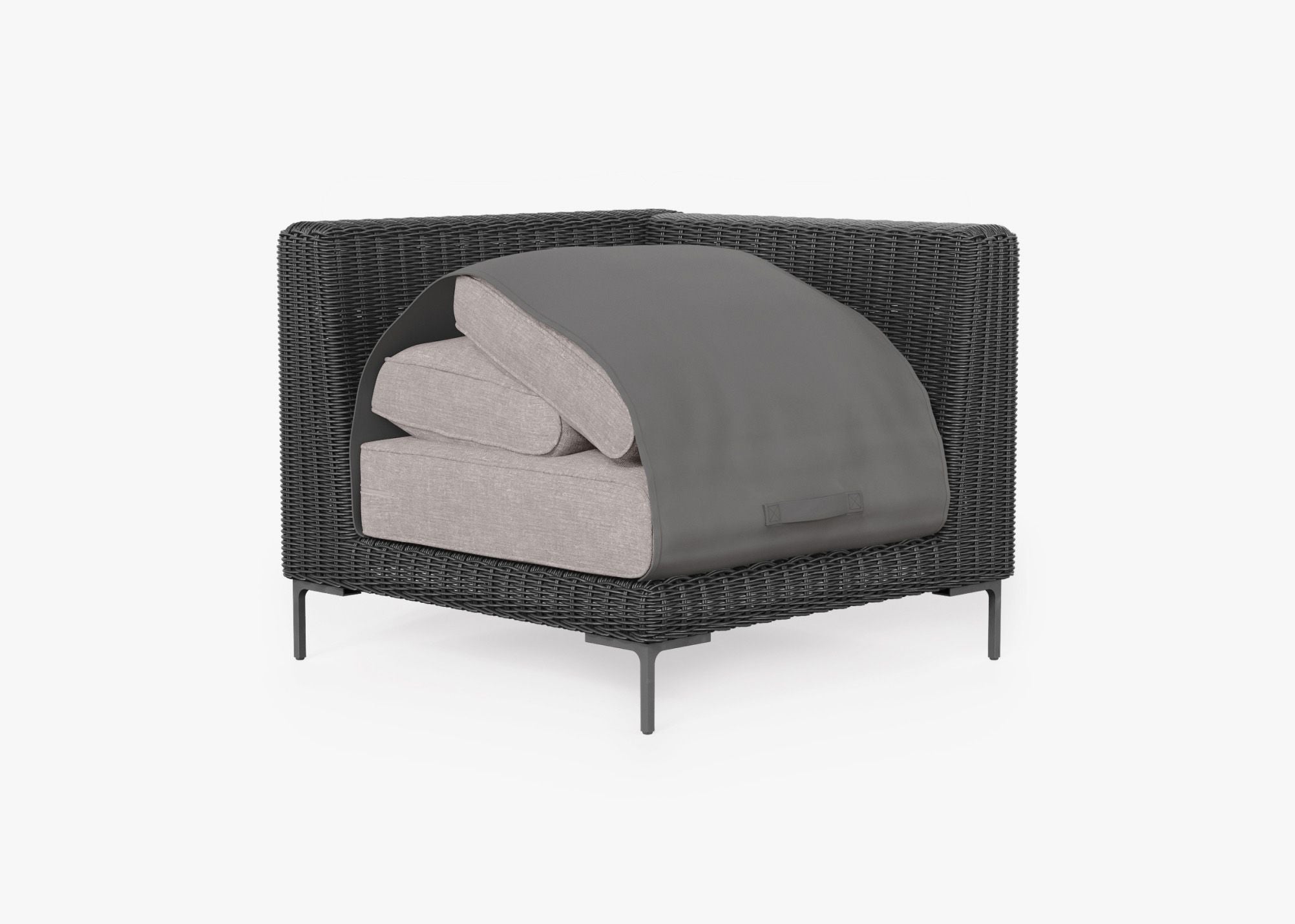 Black Wicker Outdoor Sectional Chair shown with the OuterShell outdoor cushion cover, offering exclusive integrated protection. #color_sandstone gray