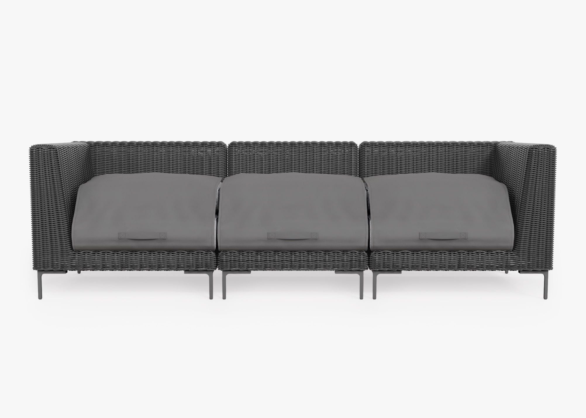 Black Wicker Outdoor Sofa - 3 Seat shown with the OuterShell outdoor cushion cover, offering exclusive integrated protection. #color_pacific fog gray