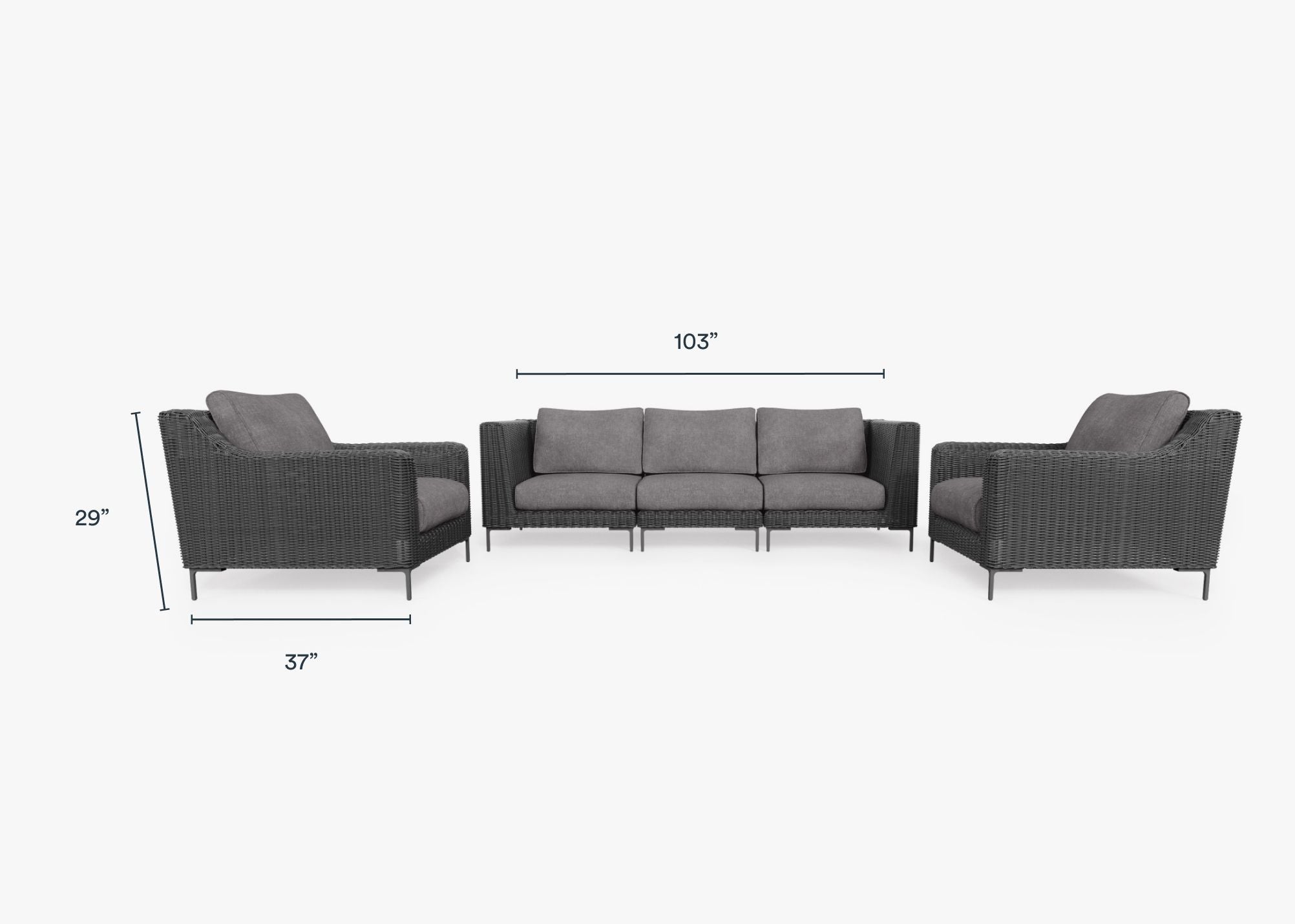 Black Wicker Outdoor Sofa with Armchairs - 5 Seat dimensions in inches, also listed under Dimensions and Weights. #color_dark pebble gray