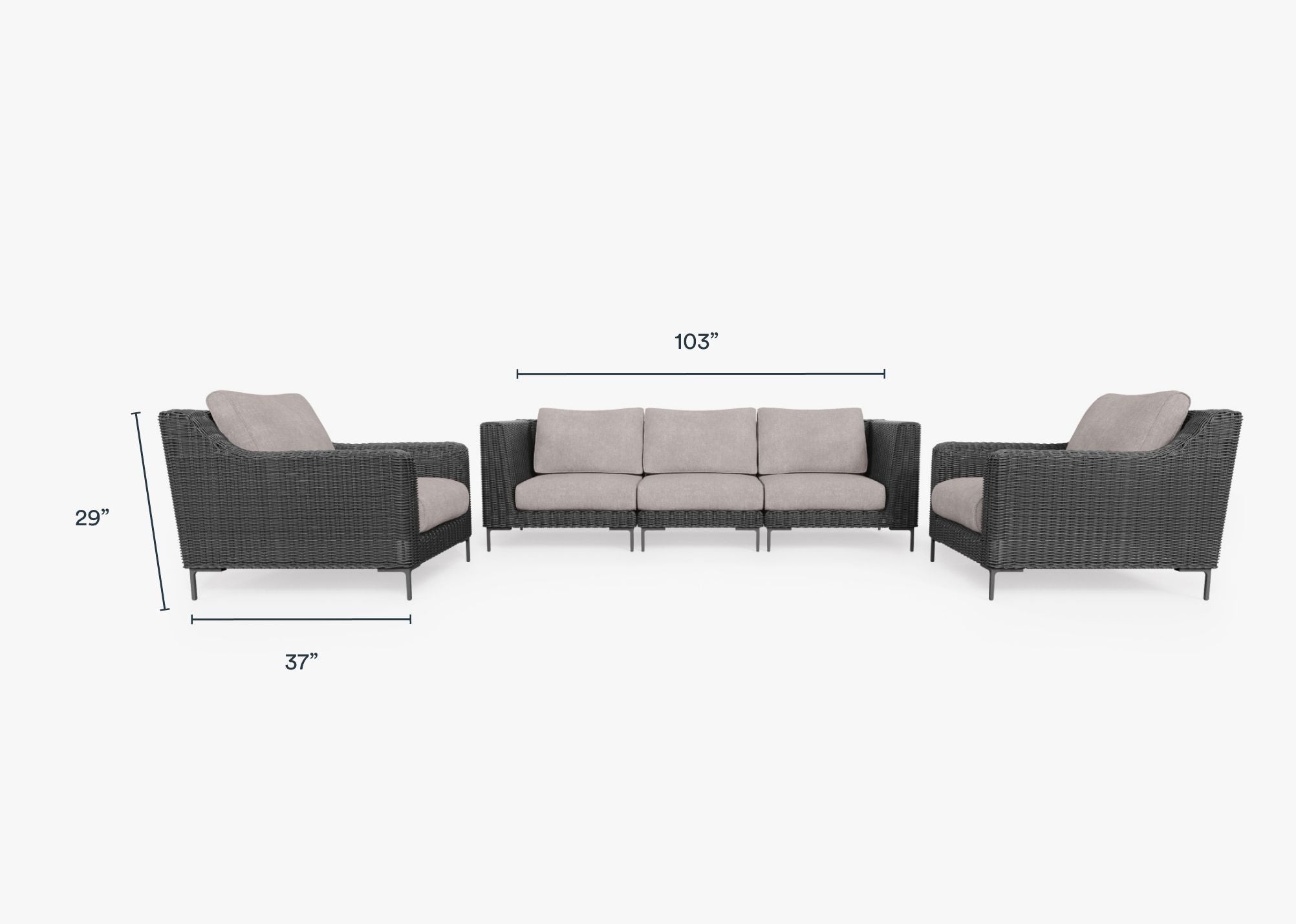 Black Wicker Outdoor Sofa with Armchairs - 5 Seat dimensions in inches, also listed under Dimensions and Weights. #color_sandstone gray