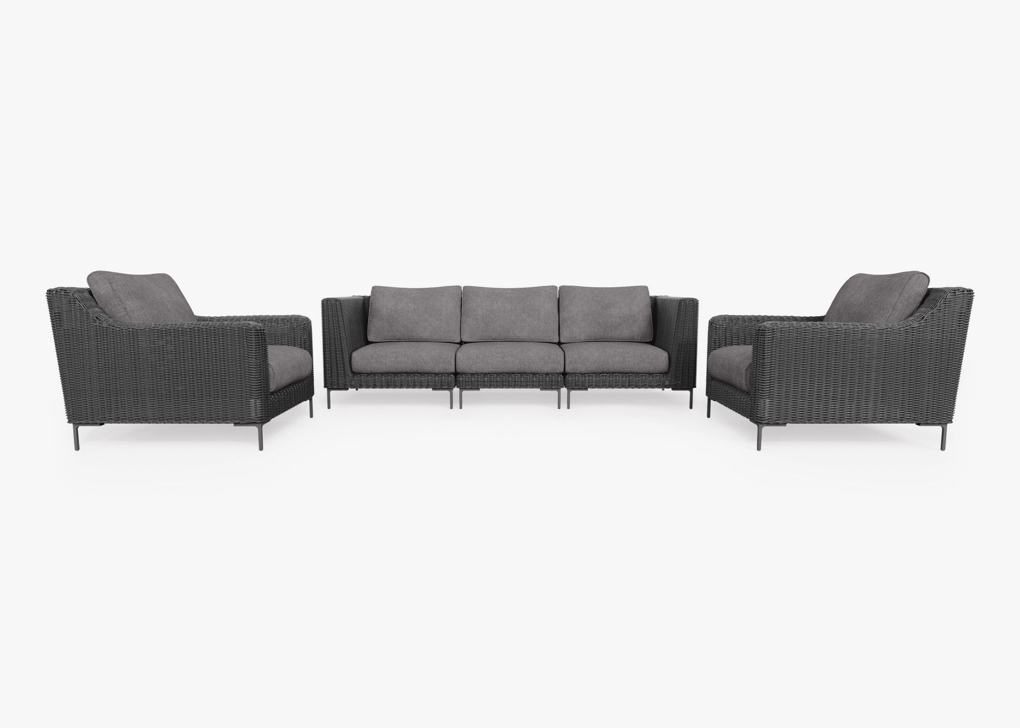Black Wicker Outdoor Sofa with Armchairs - 5 Seat, front. Comfortable, durable, and weather resistant outdoor seating with memory foam. #color_dark pebble gray