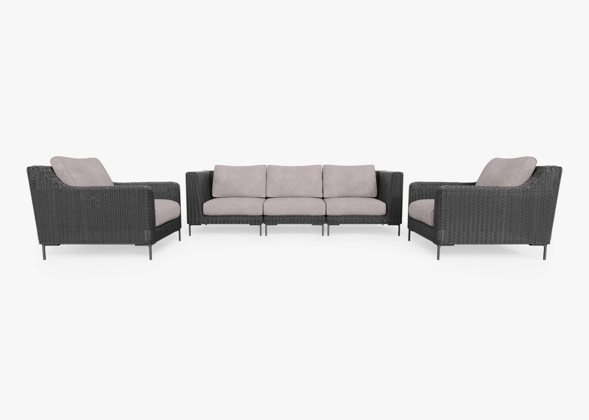 Black Wicker Outdoor Sofa with Armchairs - 5 Seat, front. Comfortable, durable, and weather resistant outdoor seating with memory foam. #color_sandstone gray