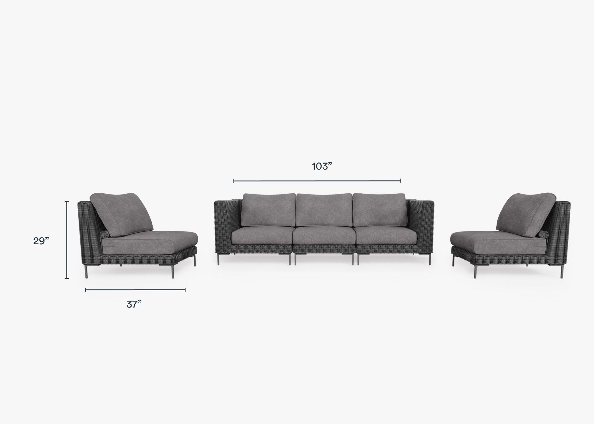 Black Wicker Outdoor Sofa with Armless Chairs - 5 Seat dimensions in inches, also listed under Dimensions and Weights. #color_dark pebble gray