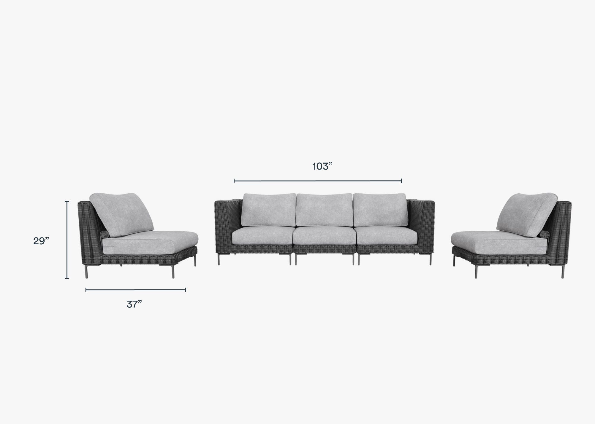 Black Wicker Outdoor Sofa with Armless Chairs - 5 Seat #color_pacific fog gray