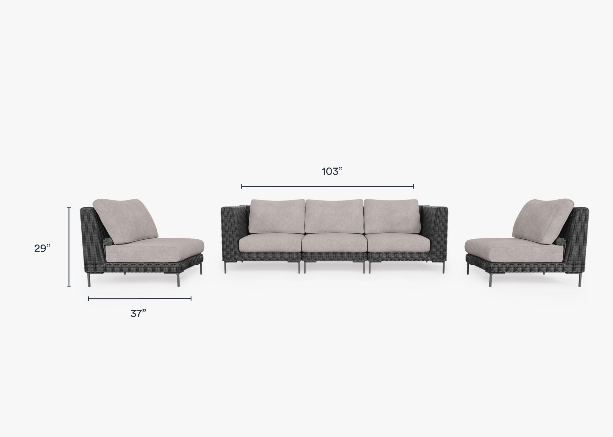Black Wicker Outdoor Sofa with Armless Chairs - 5 Seat dimensions in inches, also listed under Dimensions and Weights. #color_sandstone gray