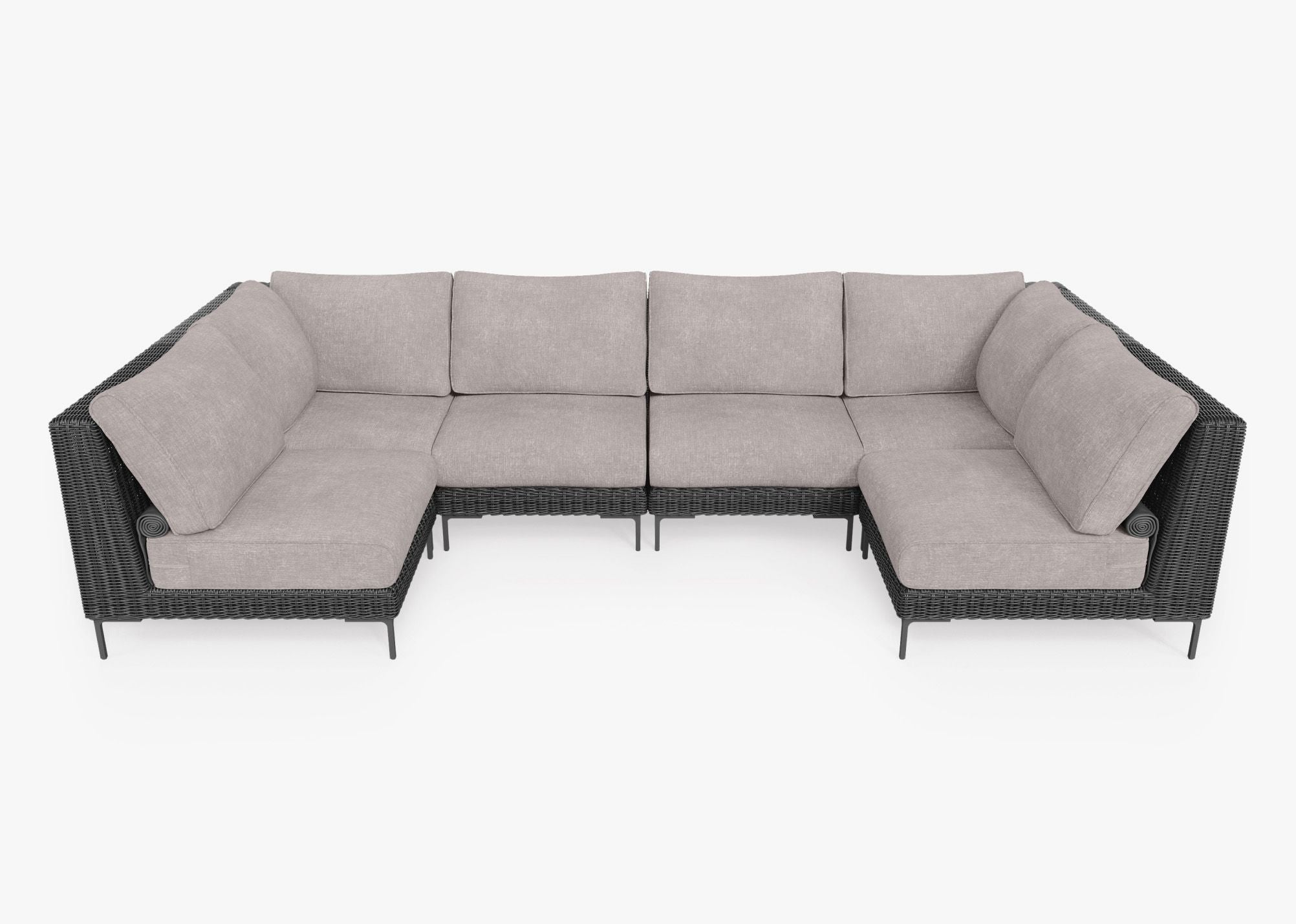 Black Wicker Outdoor U Sectional - 6 Seat, front. Comfortable, durable, and weather resistant outdoor seating with memory foam. #color_sandstone gray