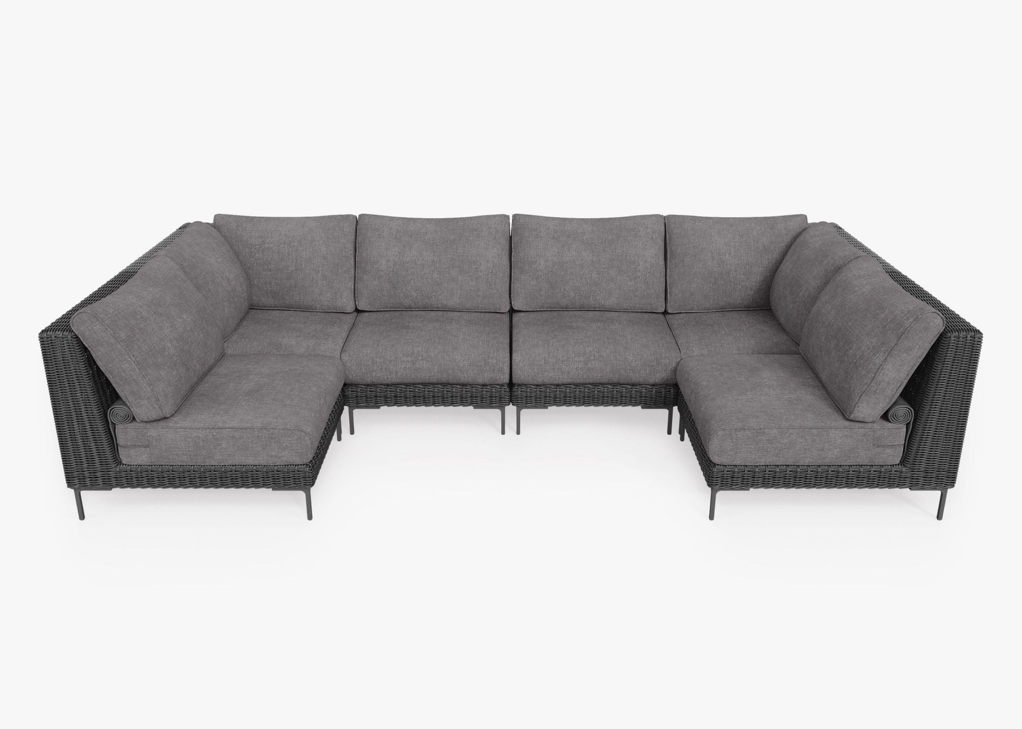 Black Wicker Outdoor U Sectional - 6 Seat, front. Comfortable, durable, and weather resistant outdoor seating with memory foam. #color_dark pebble gray