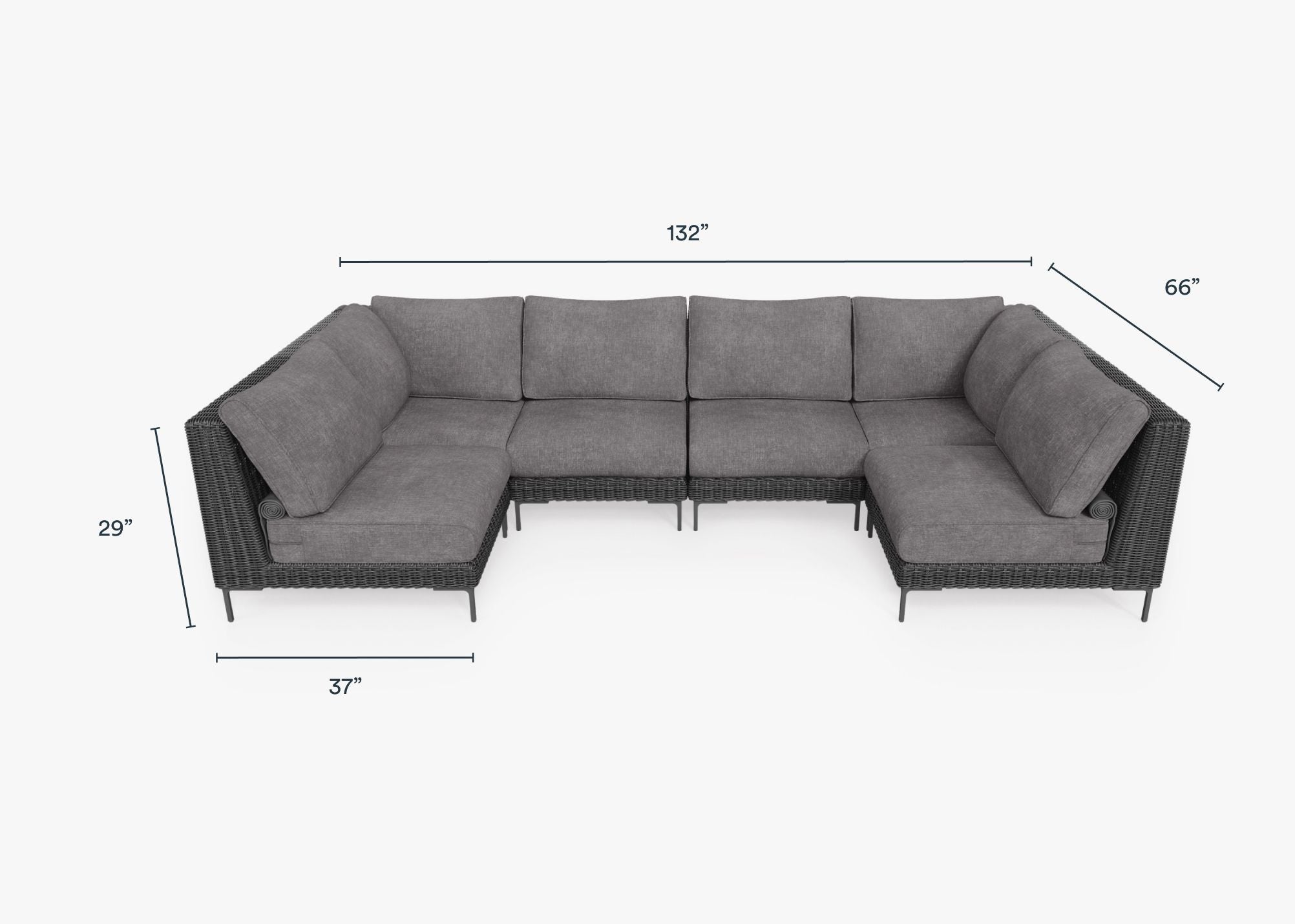 Black Wicker Outdoor U Sectional - 6 Seat dimensions in inches, also listed under Dimensions and Weights. #color_dark pebble gray