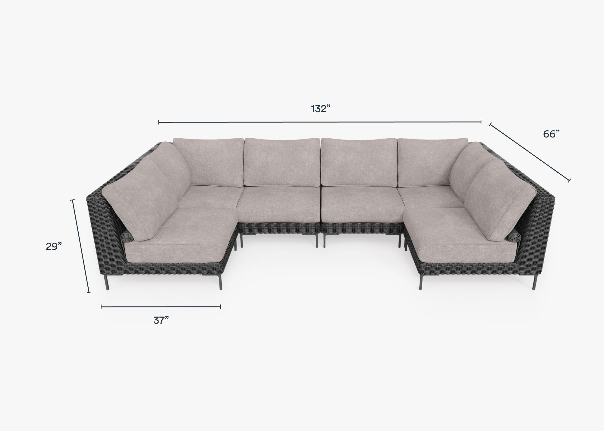 Black Wicker Outdoor U Sectional - 6 Seat dimensions in inches, also listed under Dimensions and Weights. #color_sandstone gray